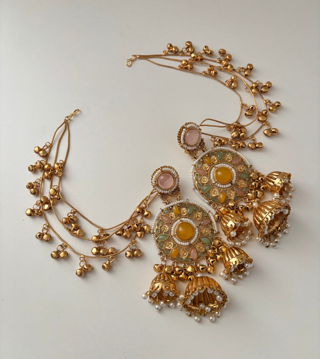 Ritika Round Kashmiri Jhumkas With Detachable Earchain (Pastel Shade)