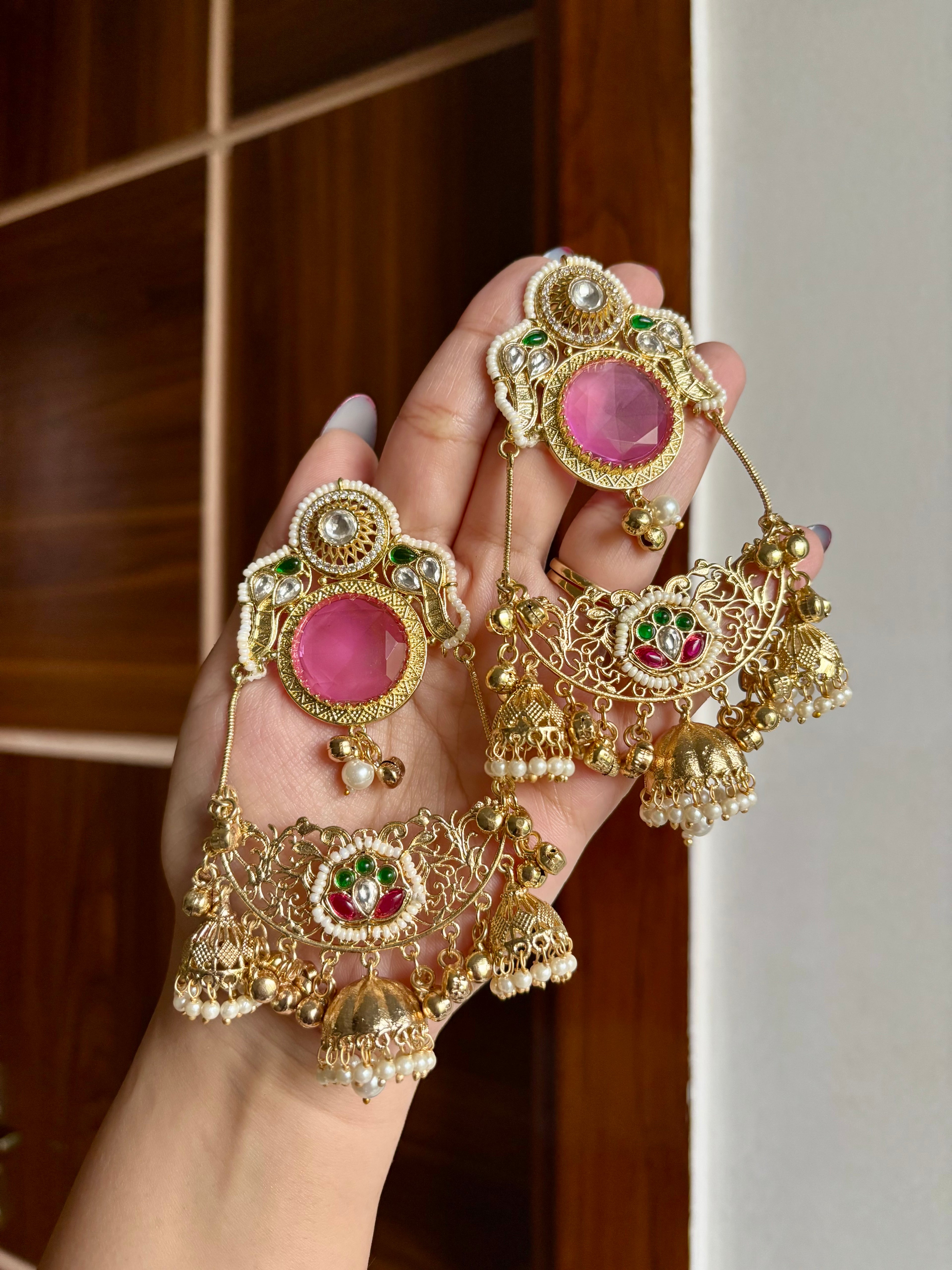 Laila Kashmiri Chandbali Earrings (Pink)