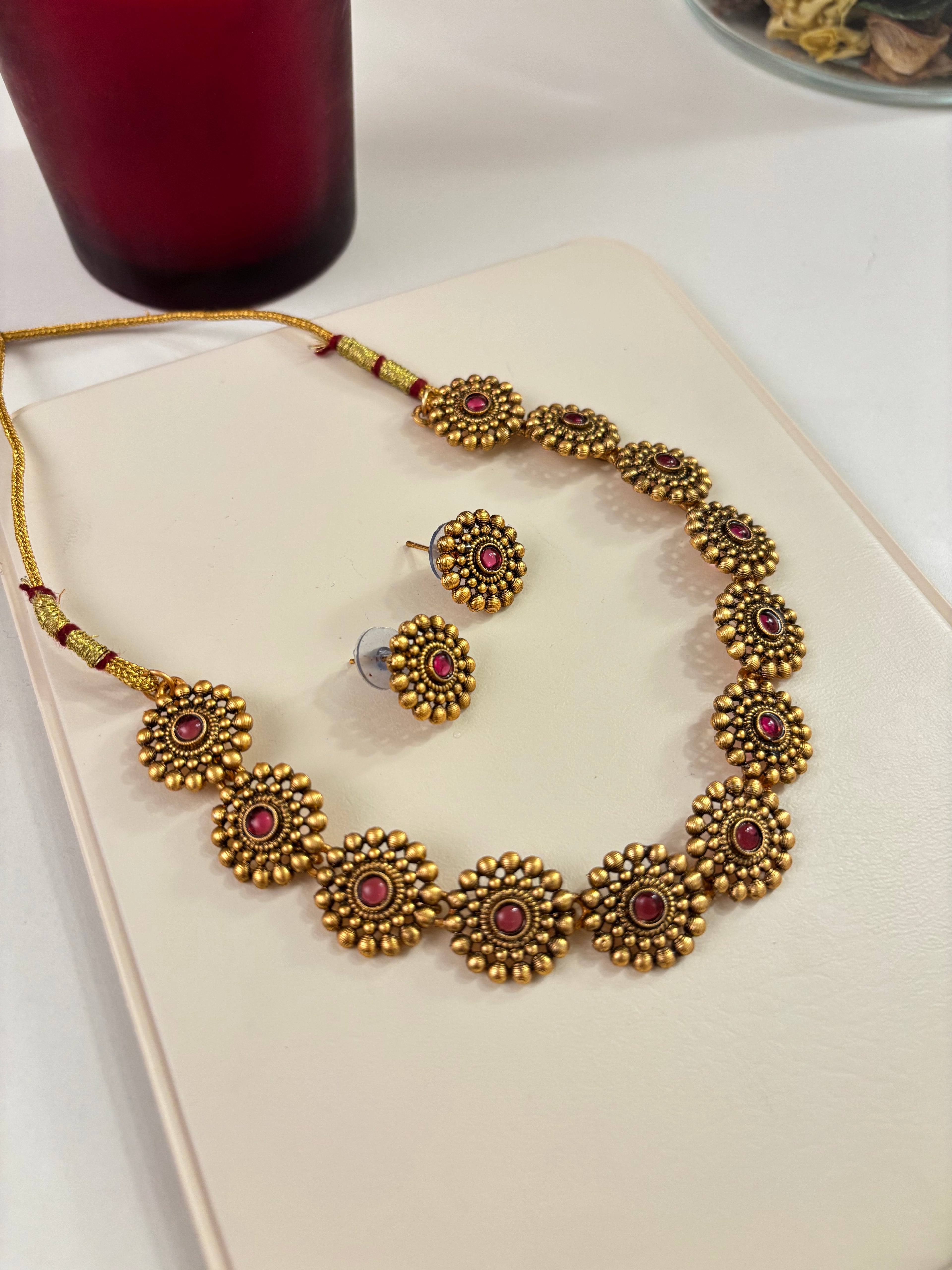 Ruby Round Flower Necklace With Stud