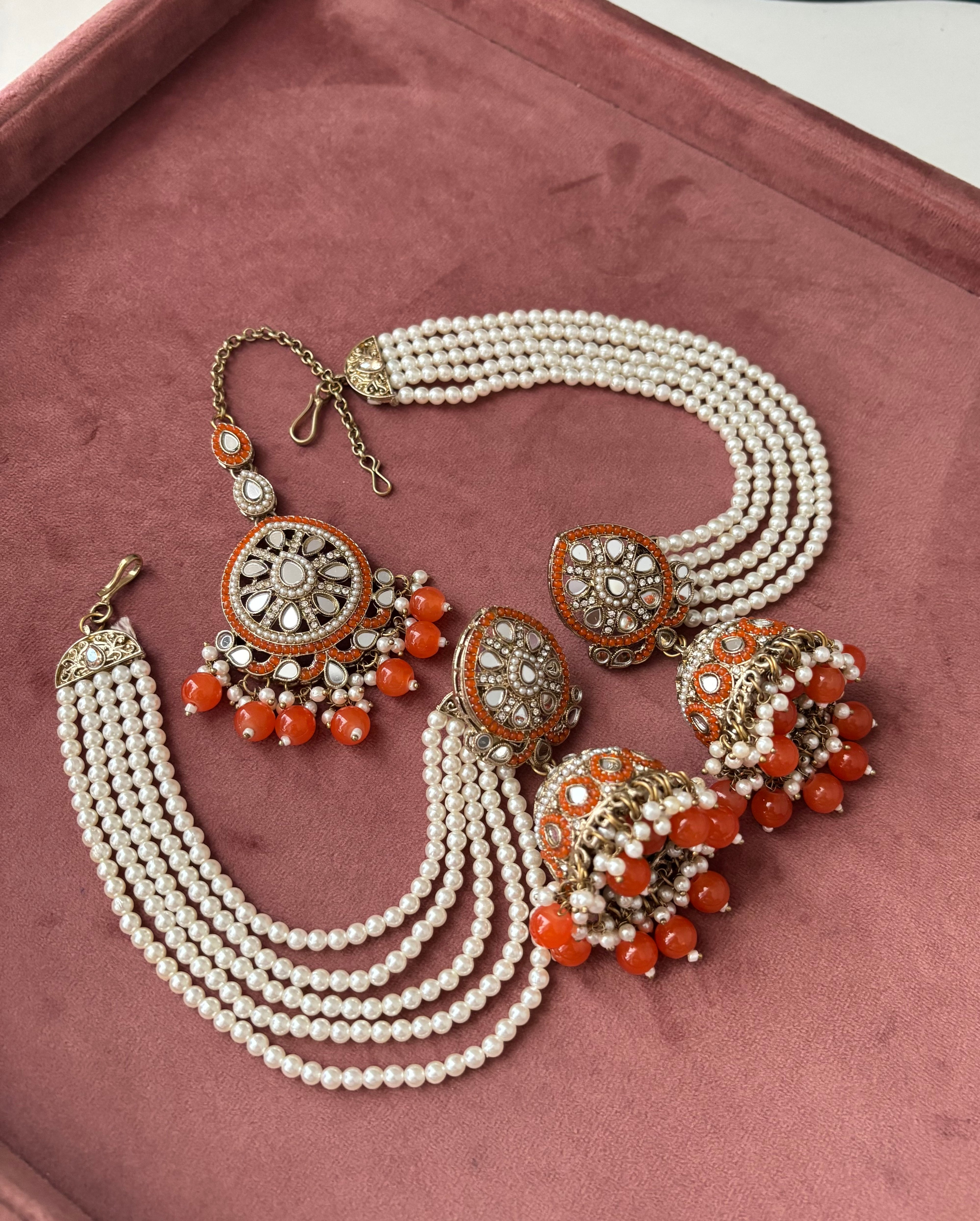 Mirror Cut Mang Tikka With Jhumkas & Detachable Earchain (Orange)