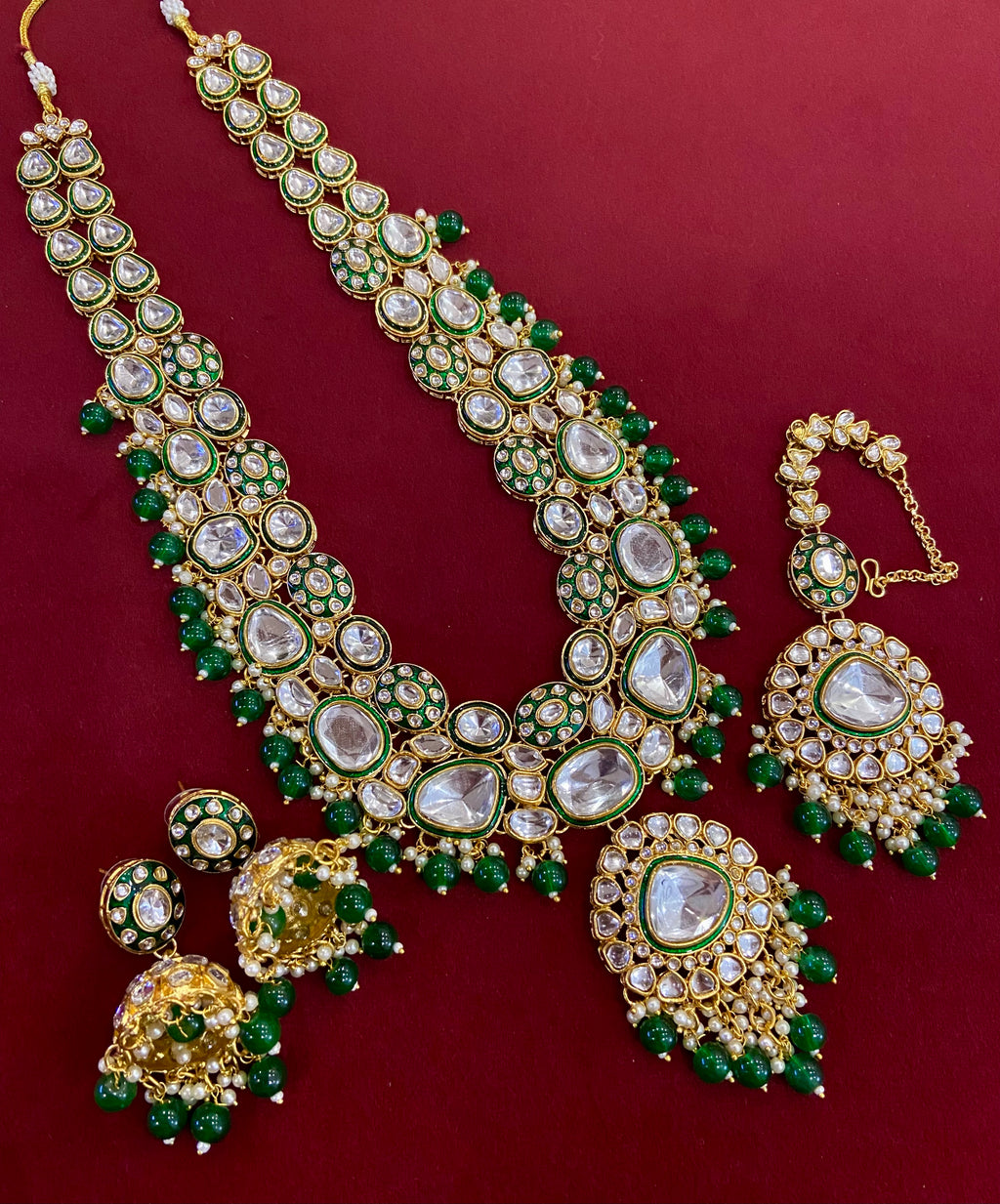 The Long Green Rani Haar With Mang Tikka & Jhumkas