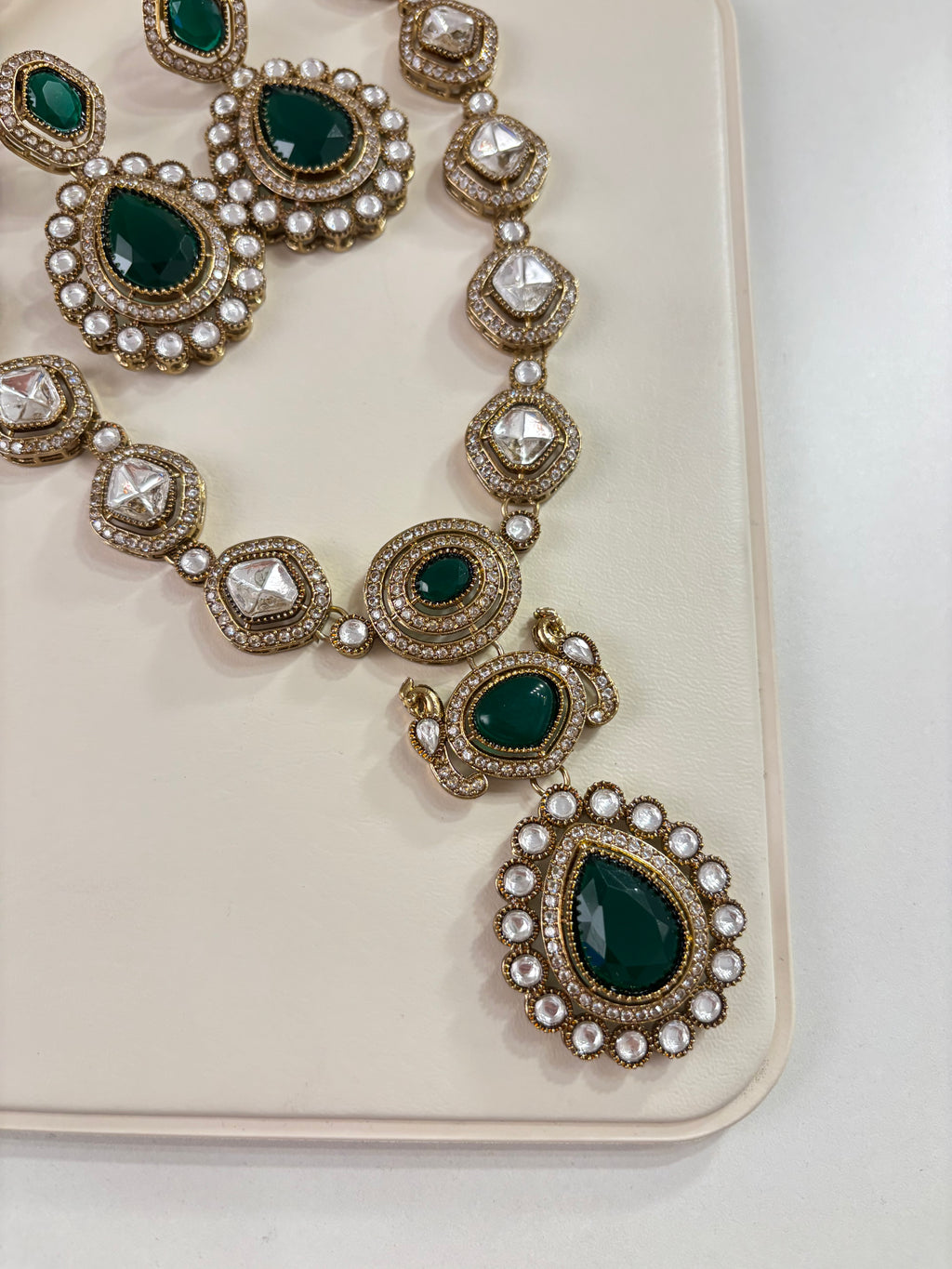 Premium Long Moissanite Necklace With Earrings (Emerald)