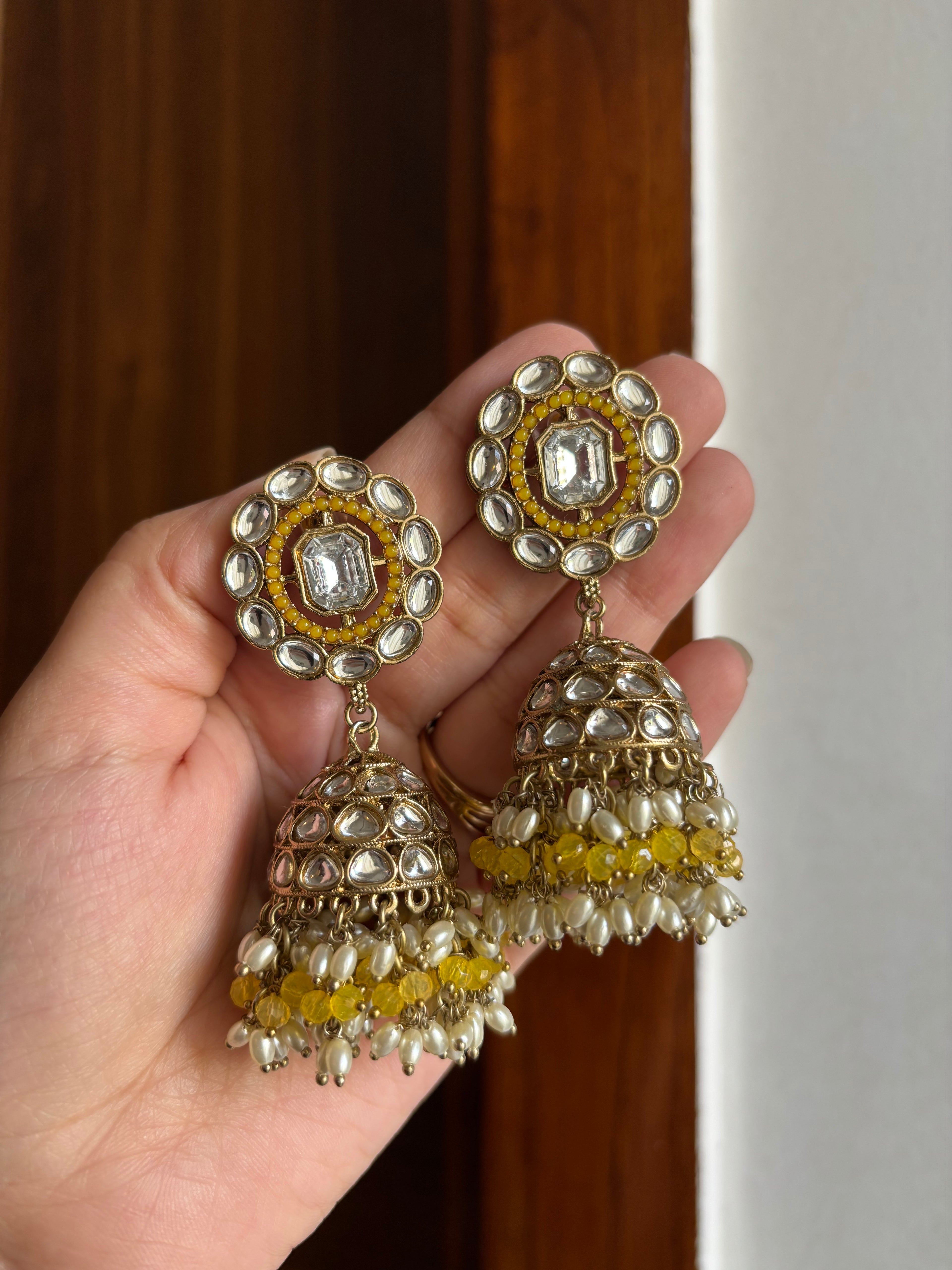 Tavleen Designer Kundan Jhumkas (Yellow)