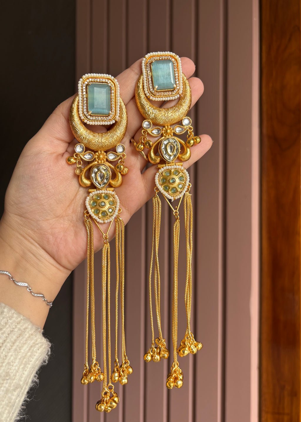 Jasleen Long Turquoise Kashmiri Statement Earrings