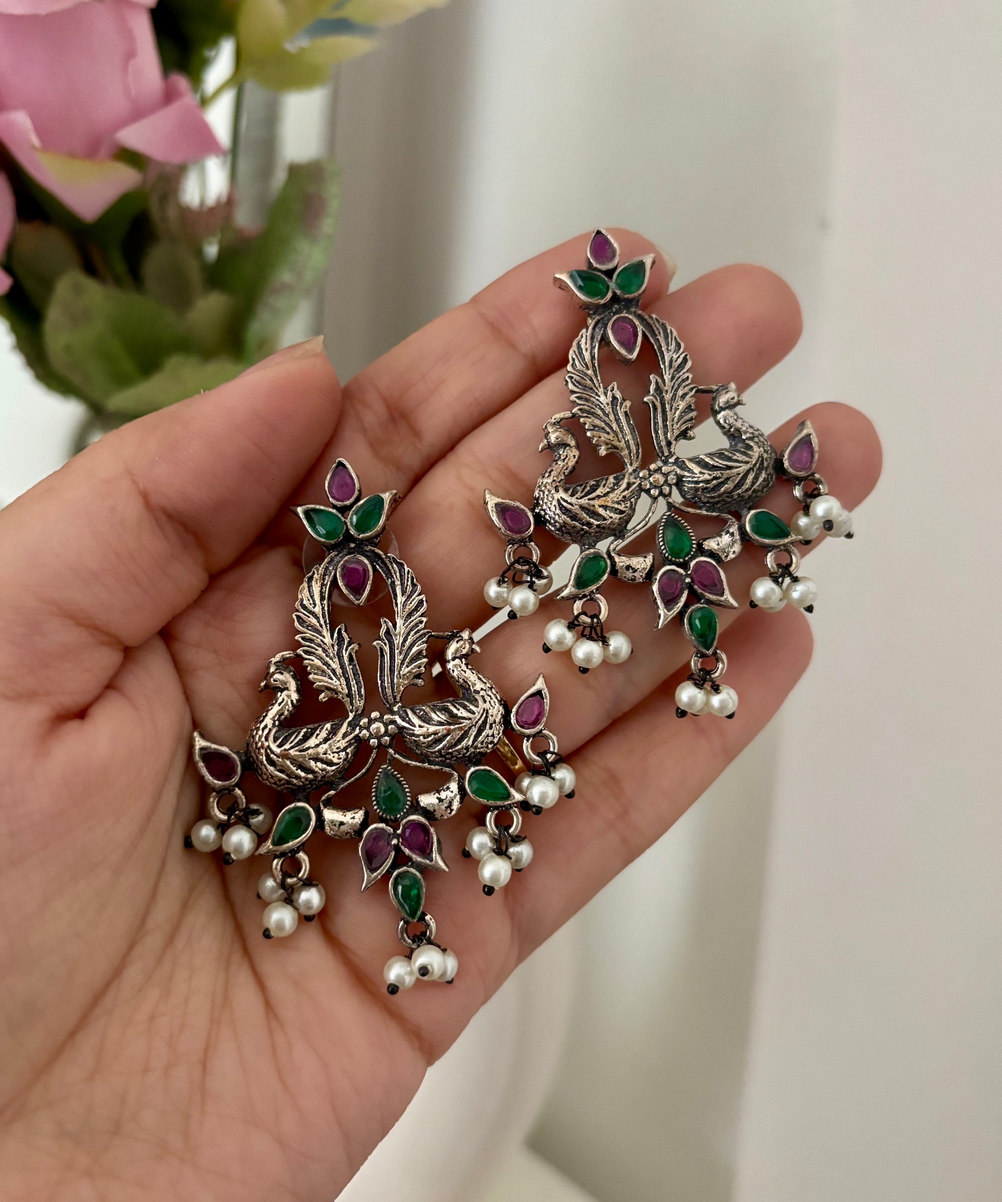 Maroon & Green Mix 3 Layer Silver Earrings