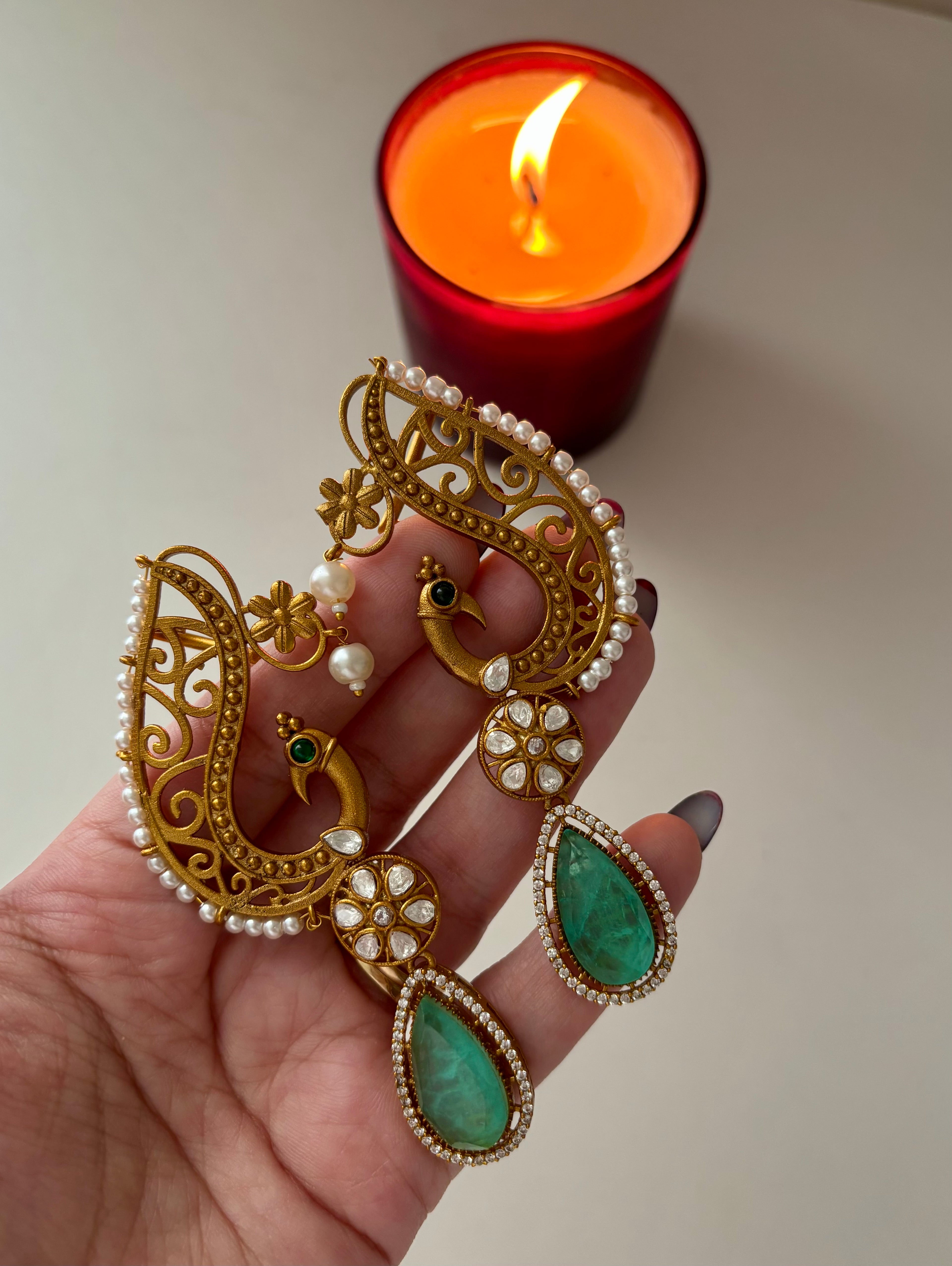 Moissanite & Doublet Stones Work Peacock Earcuff ( Turquoise)