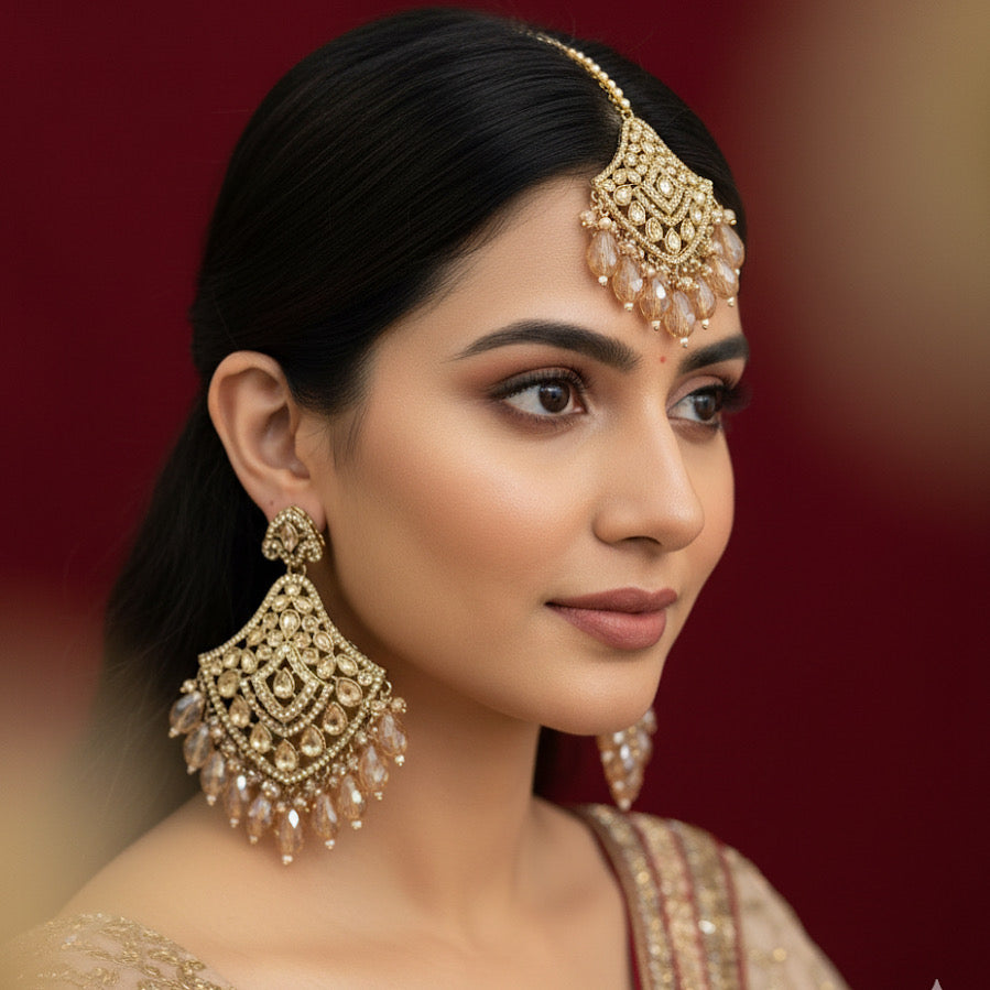 High Quality Designer Champagne Shade Oversized Mang Tikka With Earrings