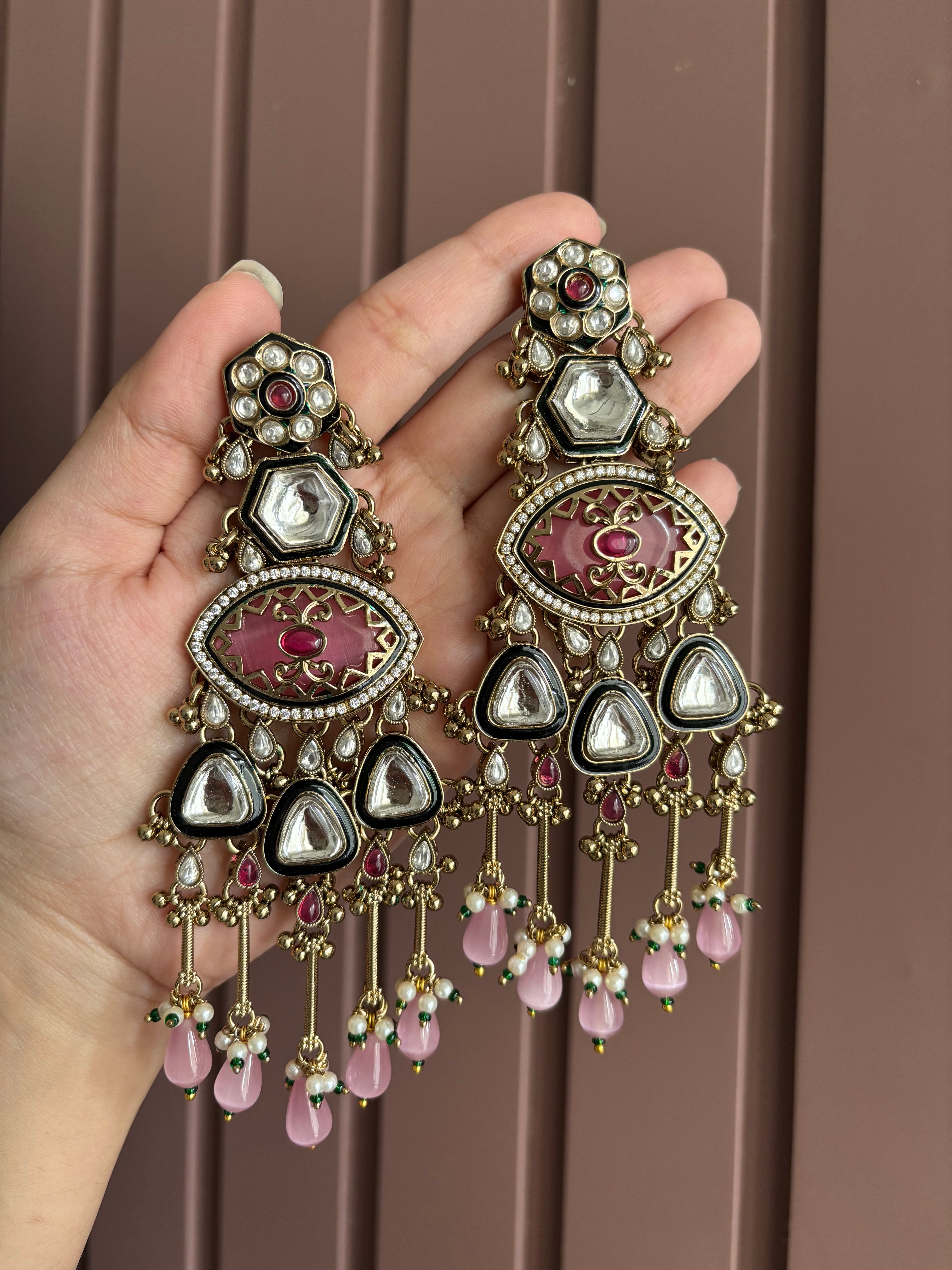 Premium Classy Designer Long Earrings (Pink)