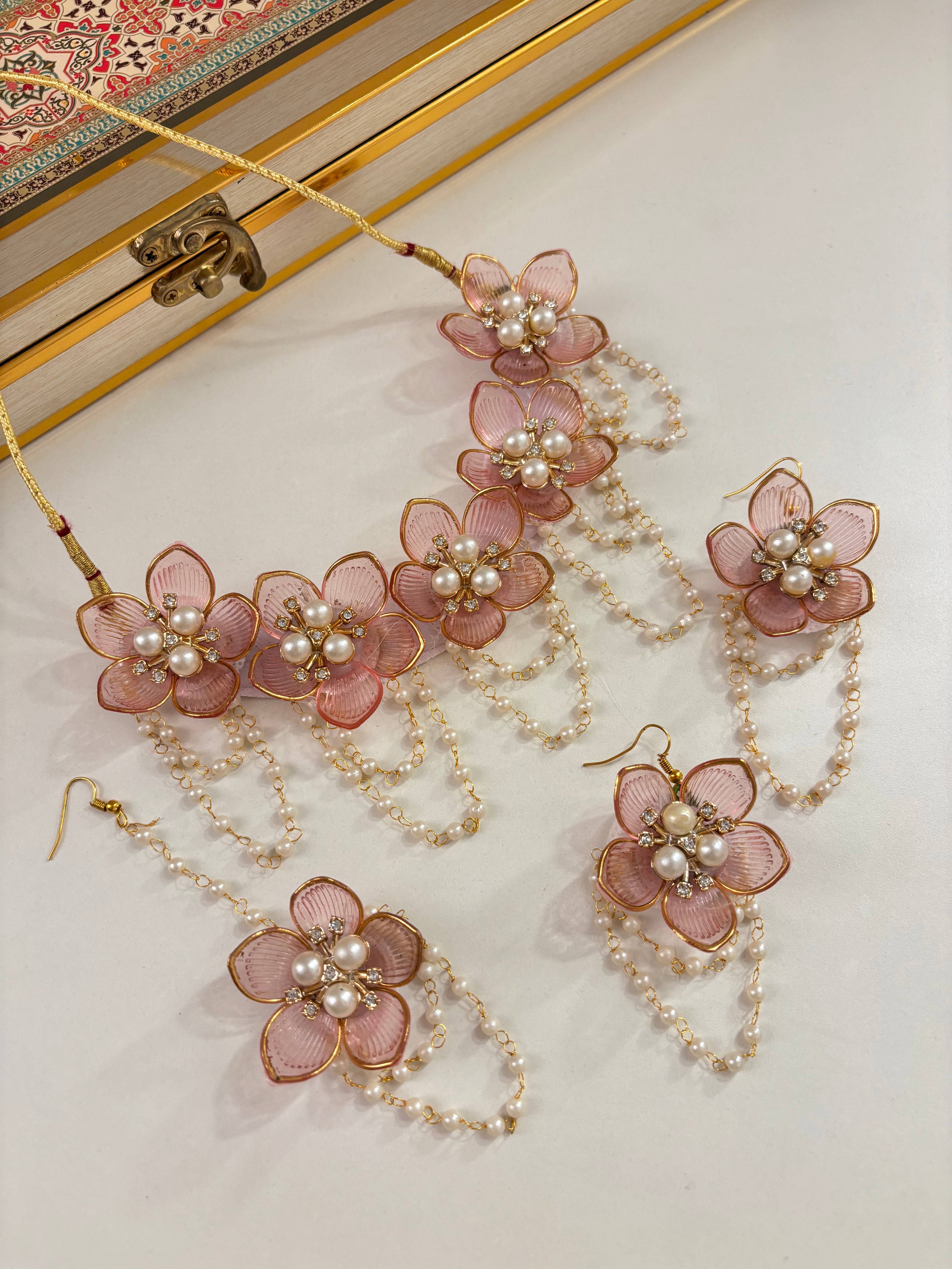 Flower Petal Floral Necklace With Mang Tikka & Earrings (Barbie Pink)