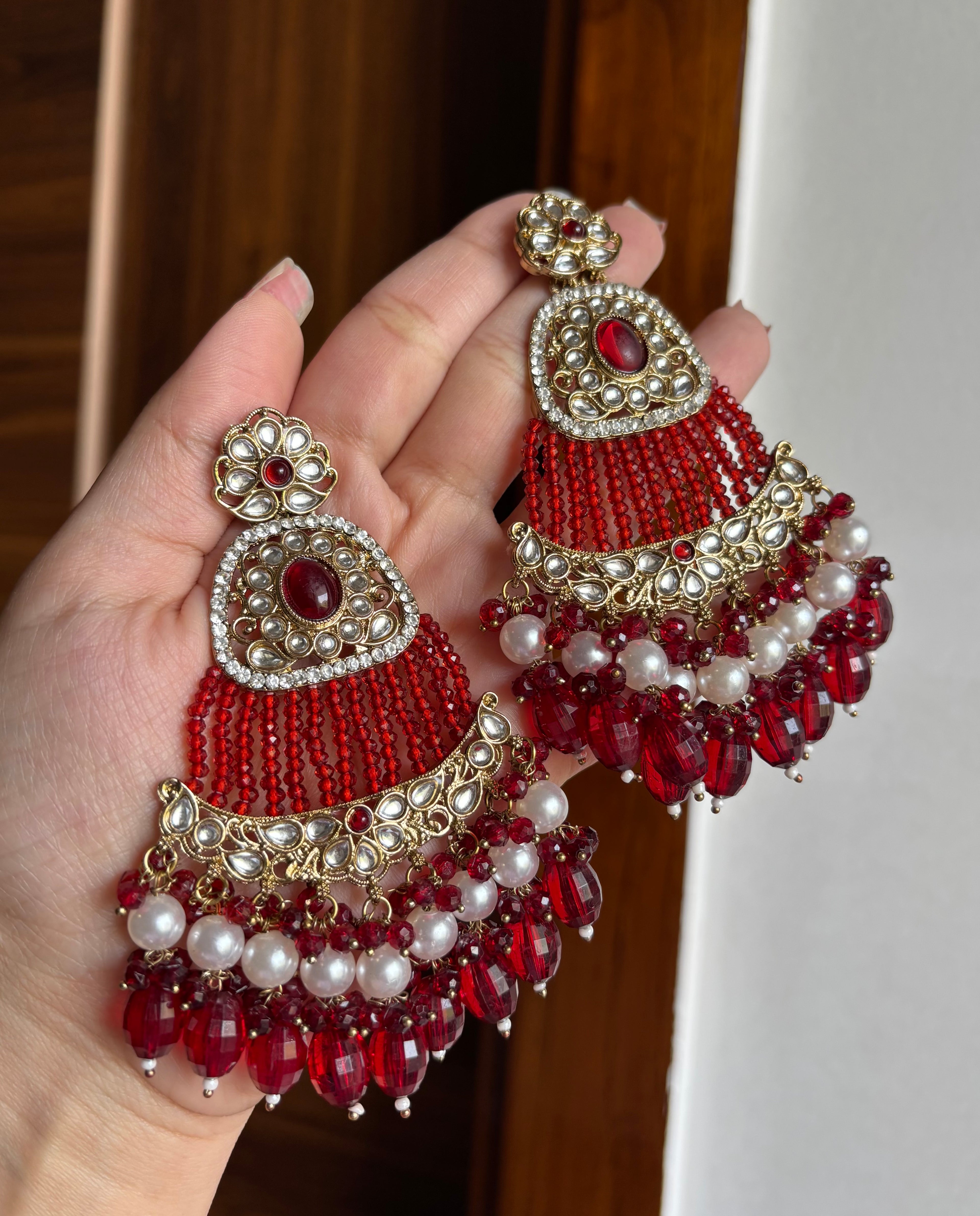 High Quality Designer Mughal Long Earrings (Maroon)