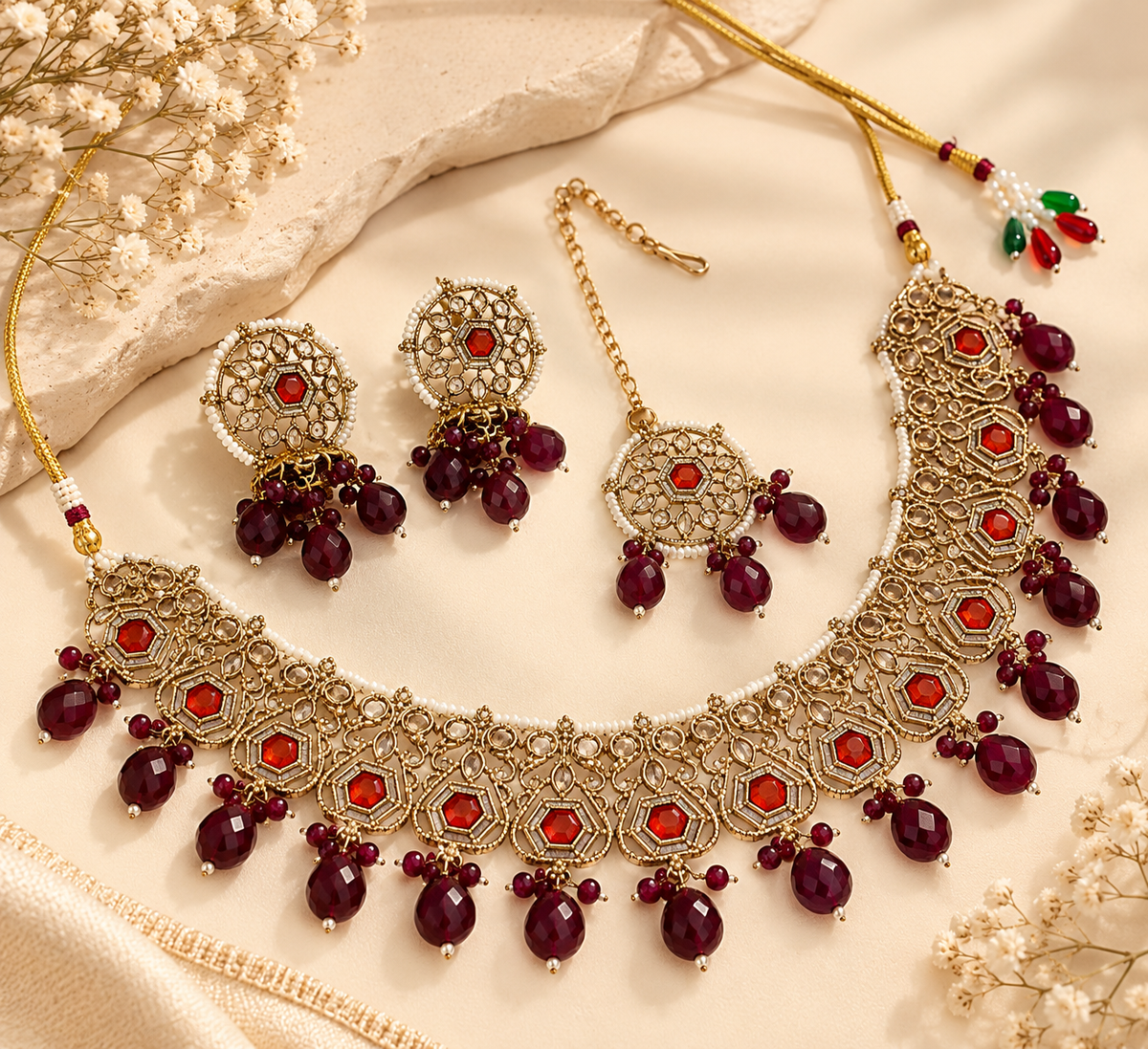 Maroon Necklace With Mang Tikka With Jhumkas