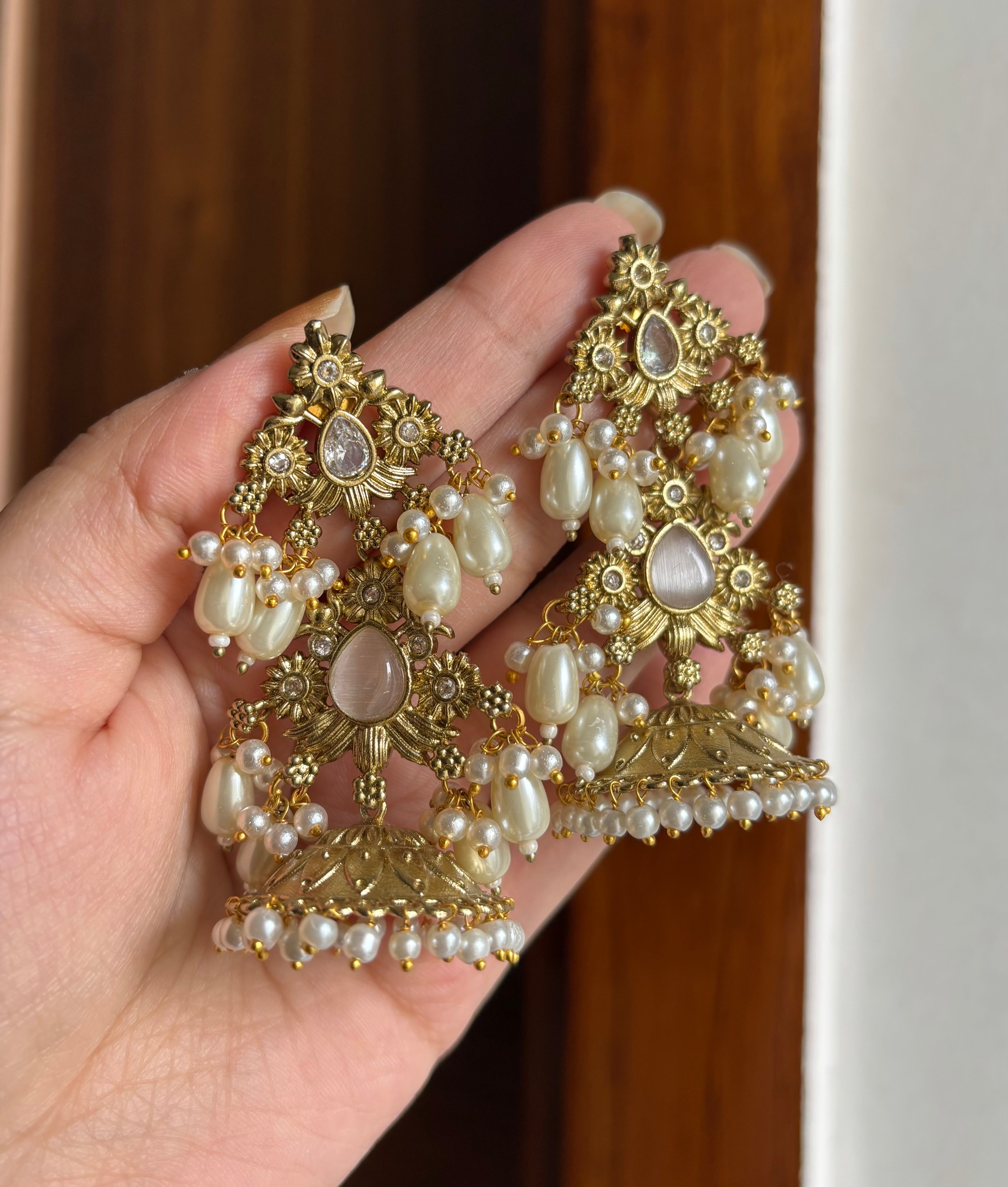 Mansi Designer Brass Jhumkas (Pearl)