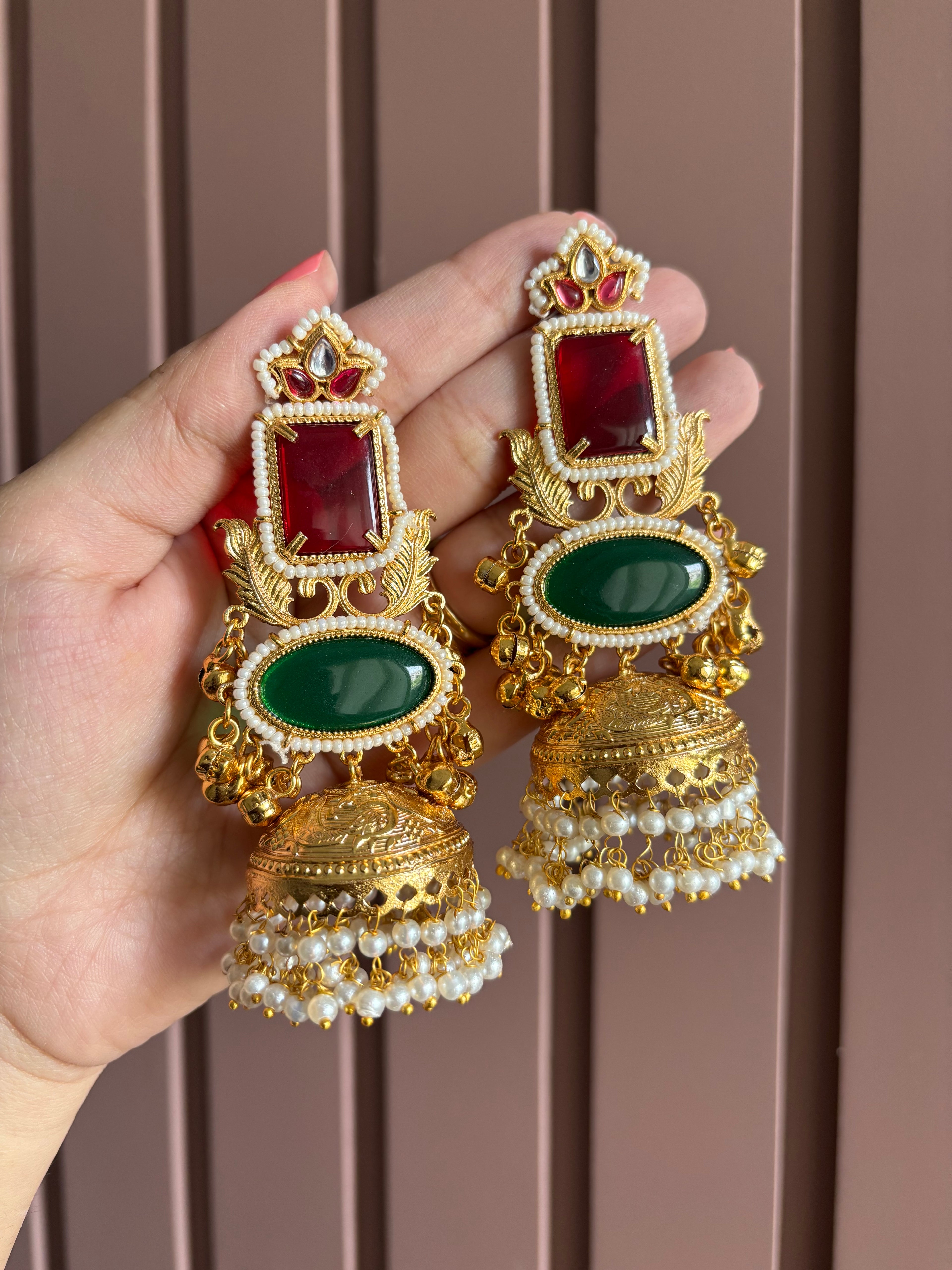Classy Brass Jhumkas (Maroon & Green)