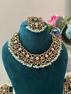 Navida Classy Necklace With Mang Tikka & Chandbali Earrings (Pink & Mint)