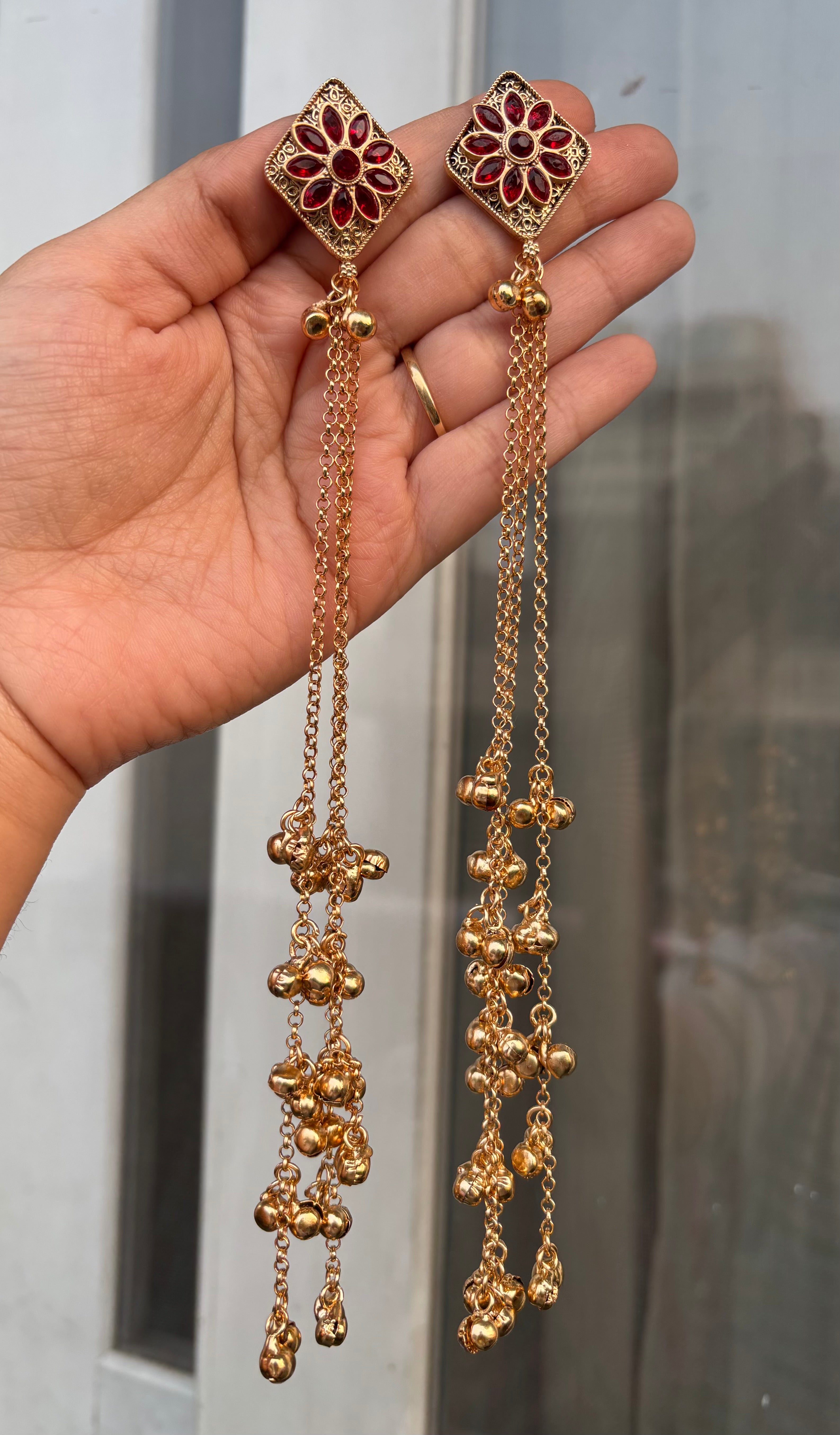 Dark Maroon Daisy Stud Kashmiri Long Layer Ghungroo Earrings