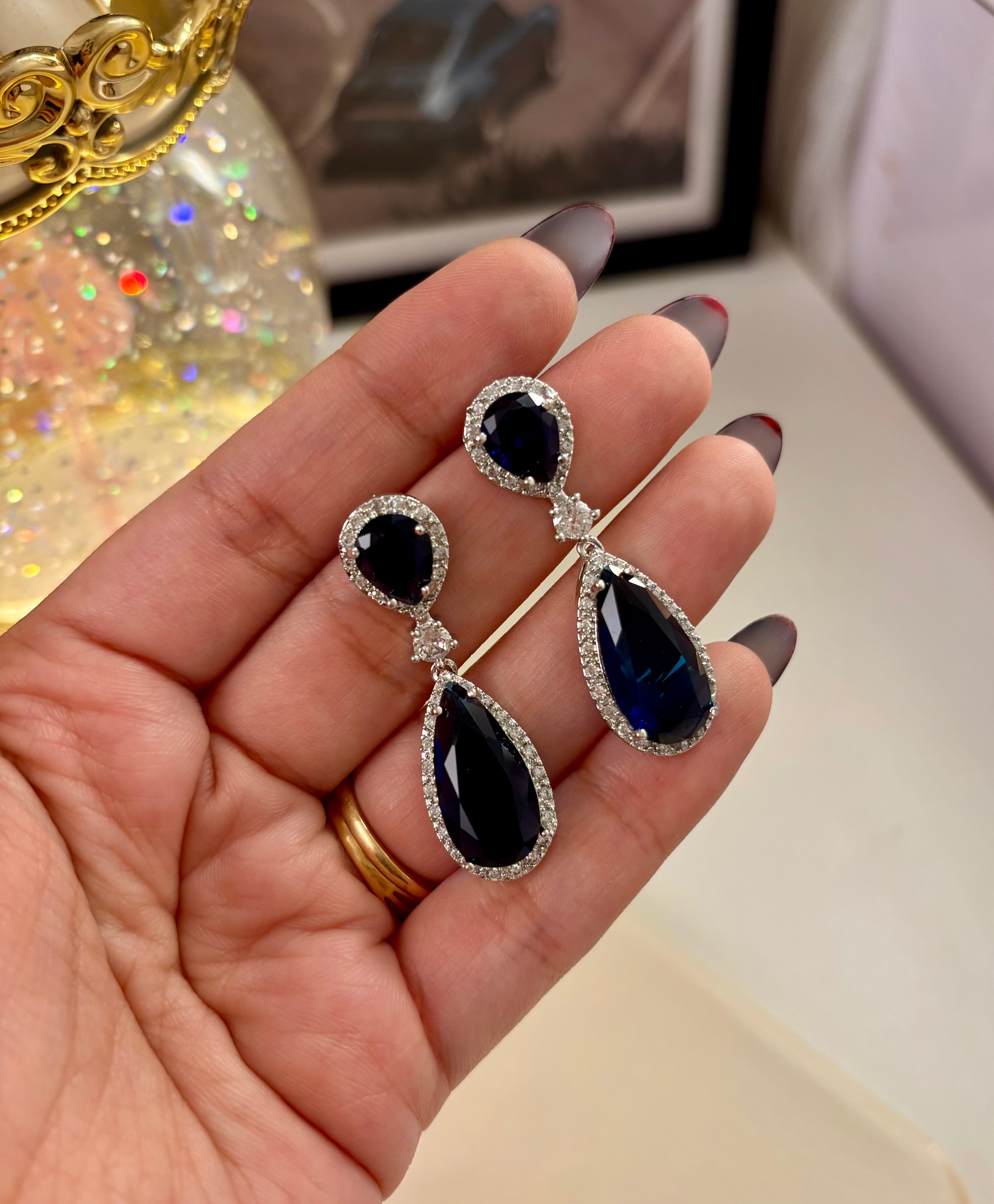 Elegant Drop American Diamond Blue Earrings