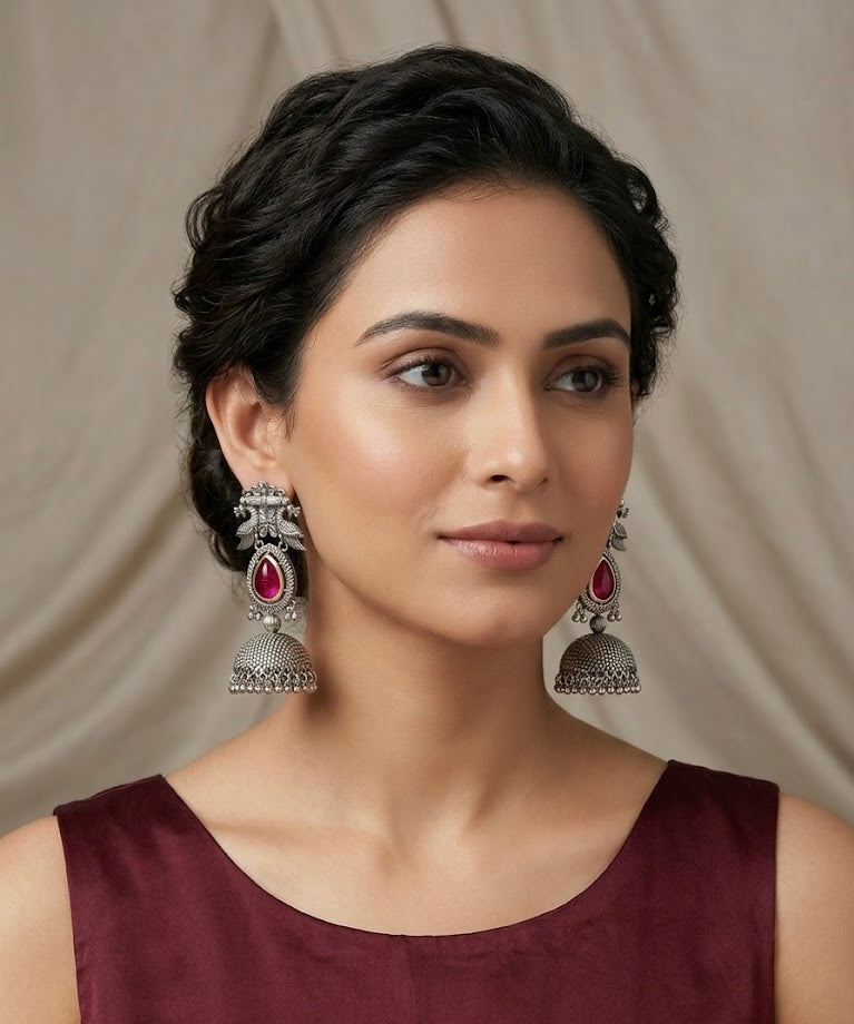 Silver Dark Pink Peacock Jhumka