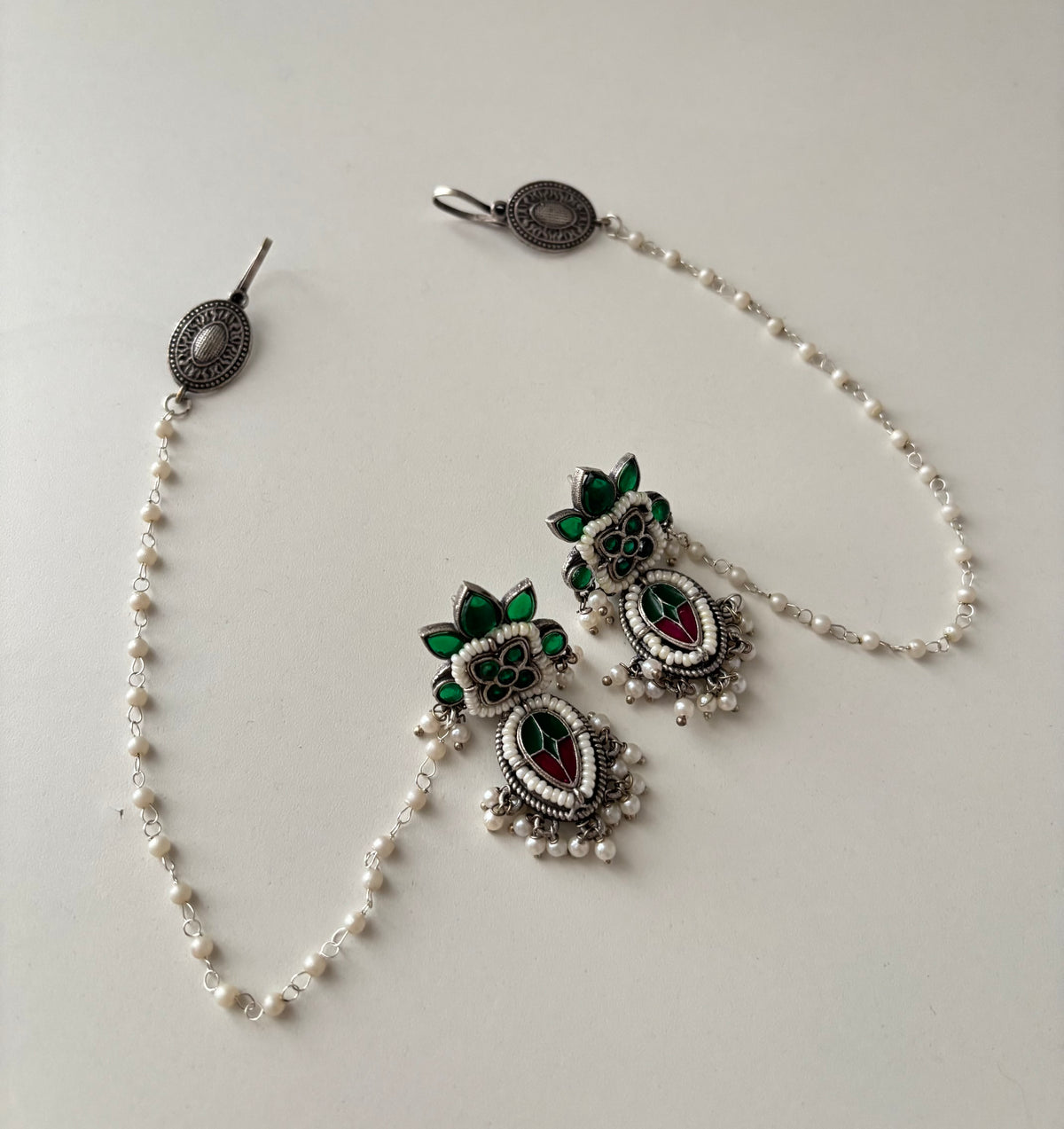 German Silver Earrings With Side Layer (Green)