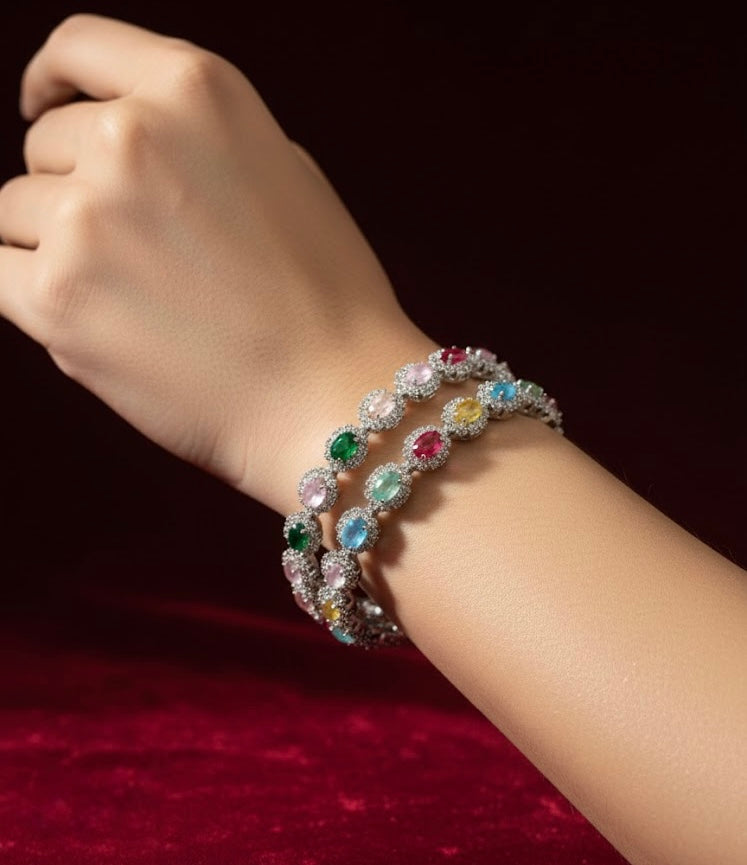 Multi Stones Silver Touch Bangles