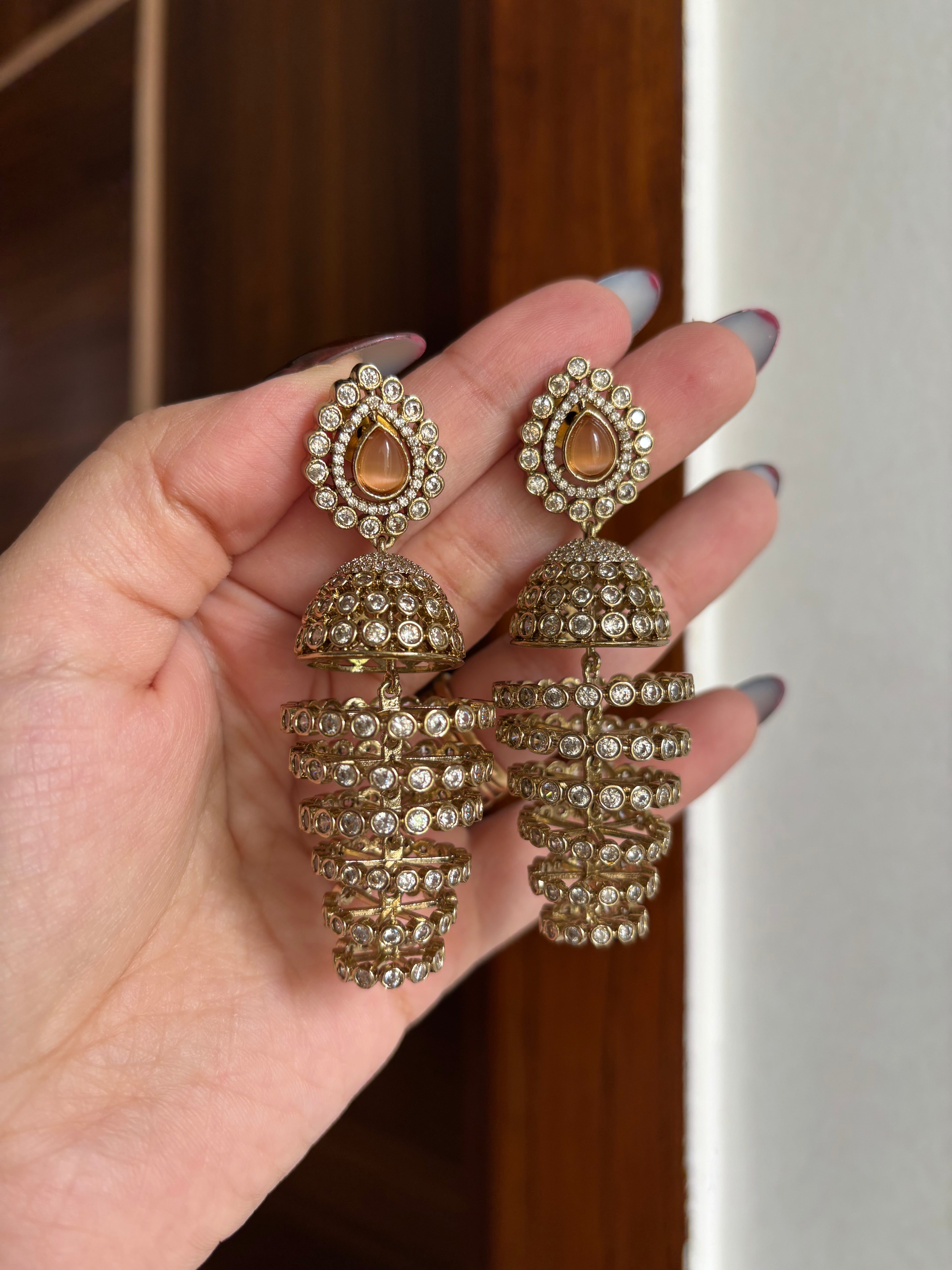 Premium Moissanite Layering Jhumkas (Peach)