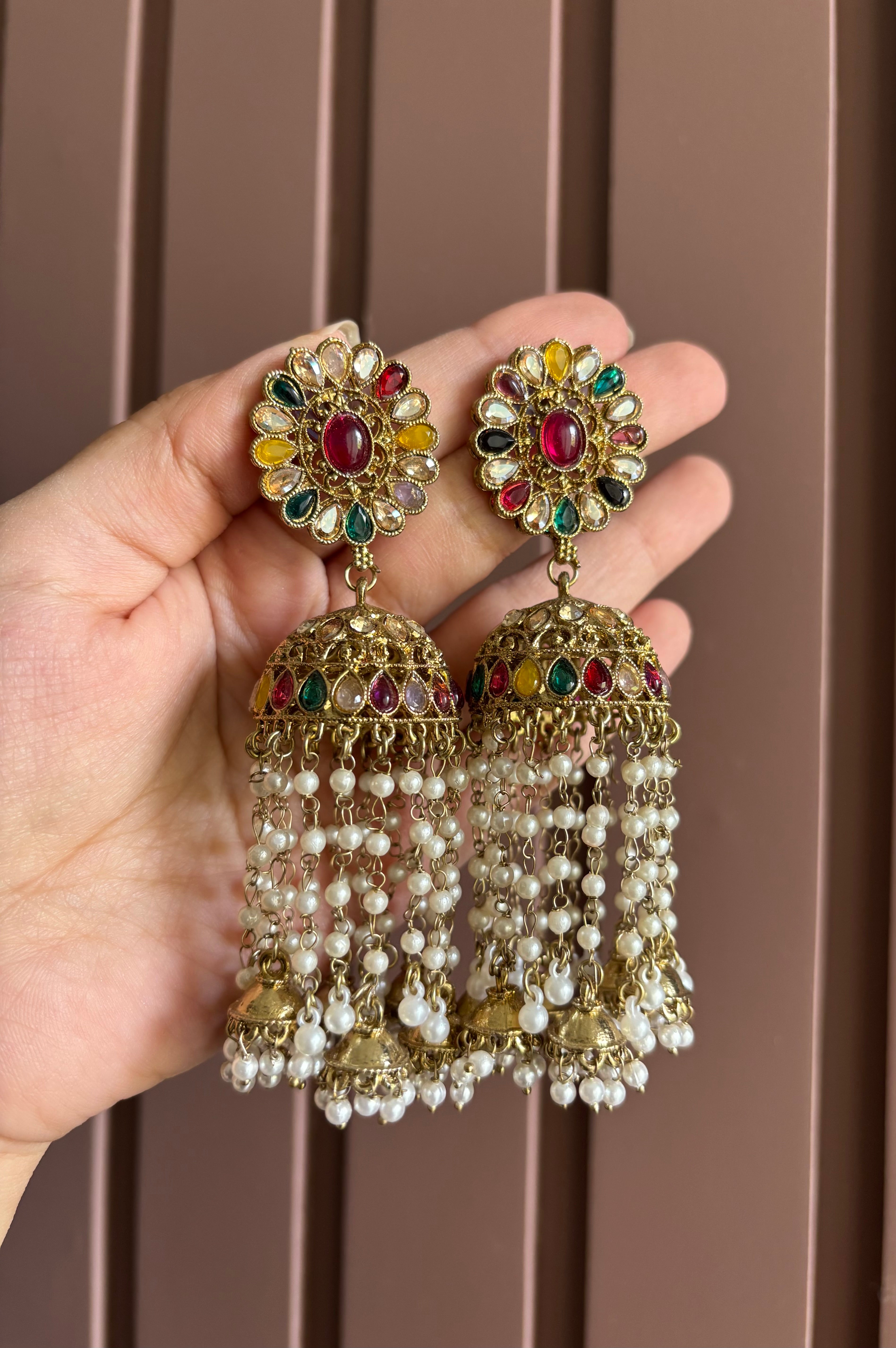 High Quality Designer Flower Layer Touch Jhumkas (Multi)