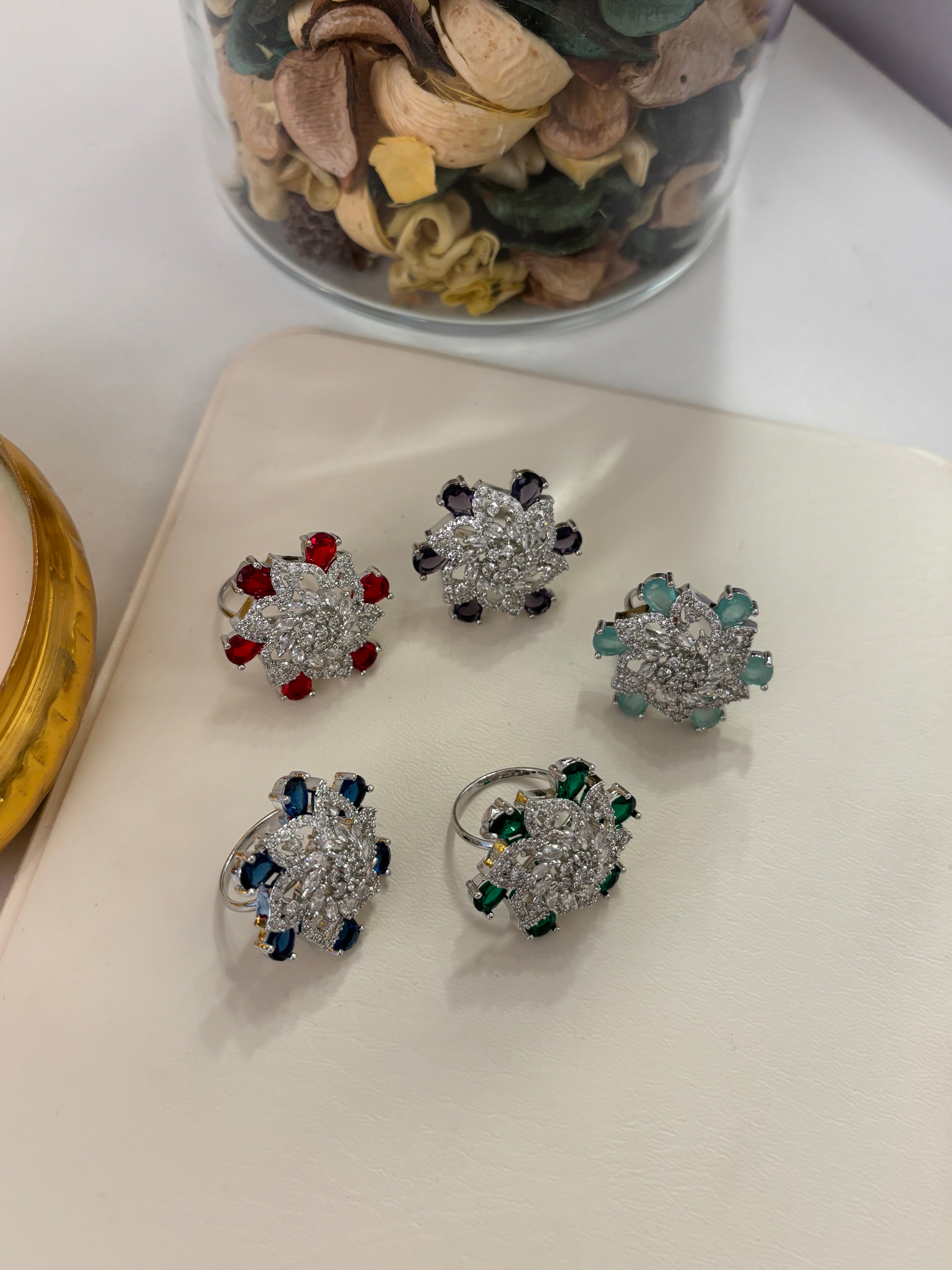 Flower American Diamond Adjustable Rings