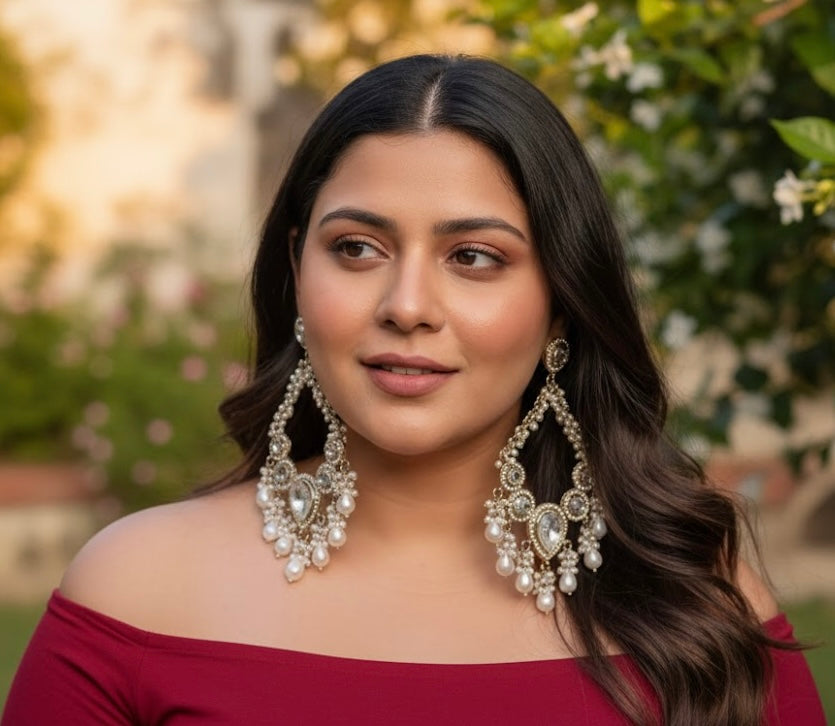 High Quality Designer Long Chandbali Earrings ( Ivory )