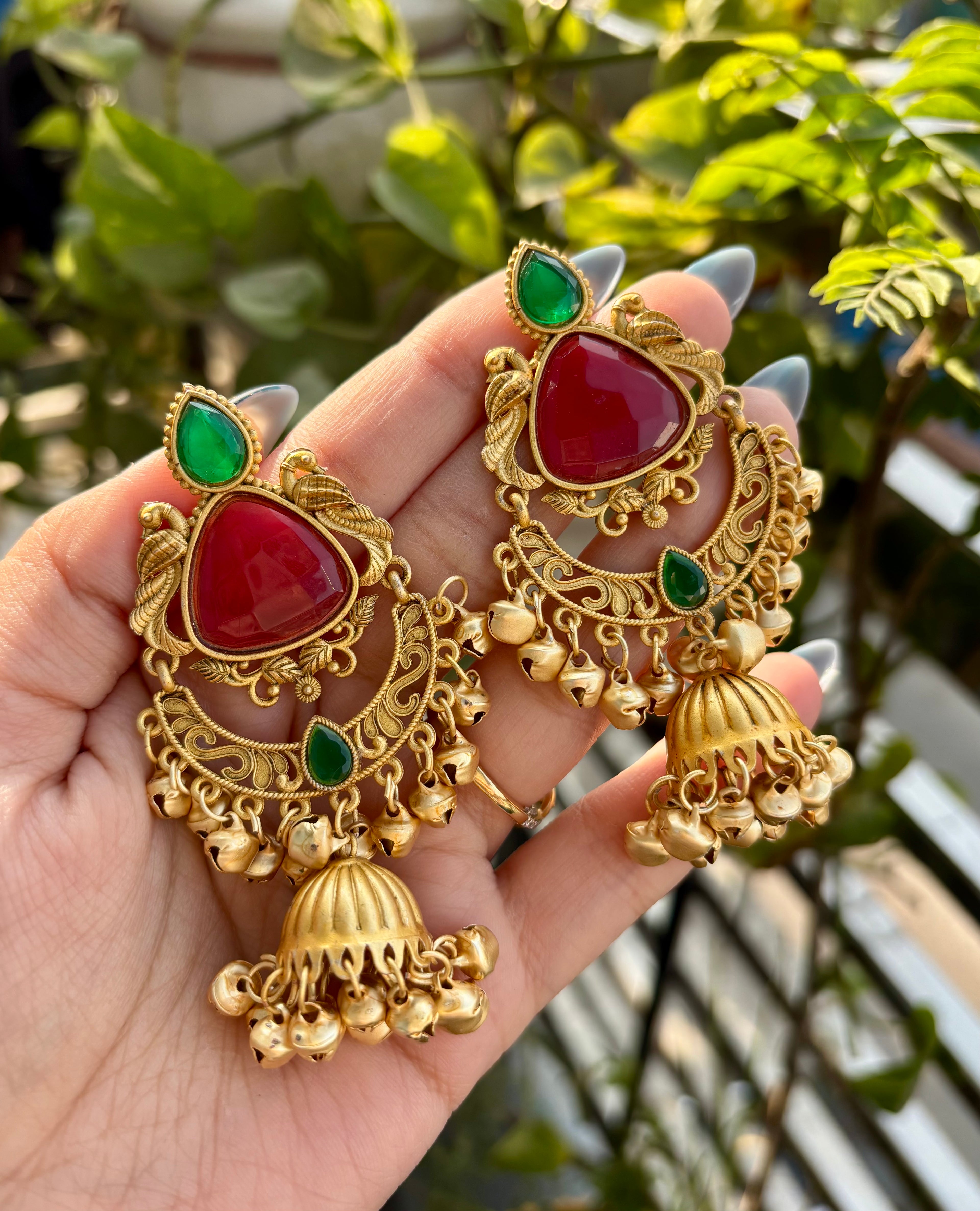 Red Green Mix Chandbali Kashmiri Ghungroo Earrings