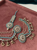 High Quality Designer Round Turquoise Mang Tikka With Stud Earrings & Side Layers