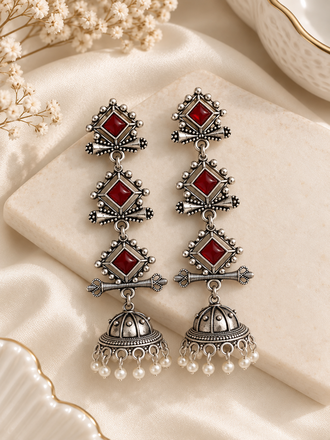 Aliya German Silver Jhumki (Maroon)