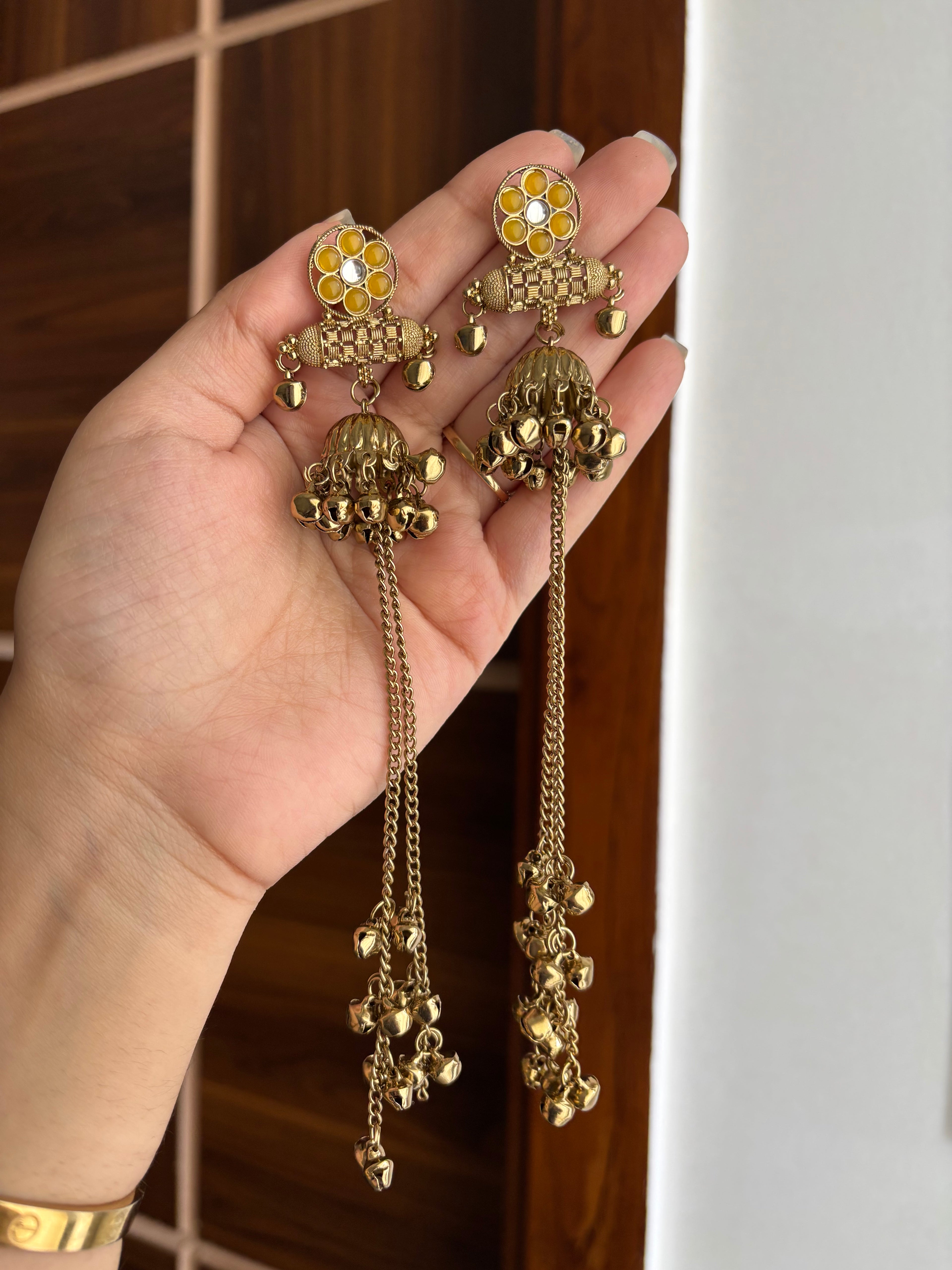 Daisy Kashmiri Jhumkas With Long Layers (Yellow)