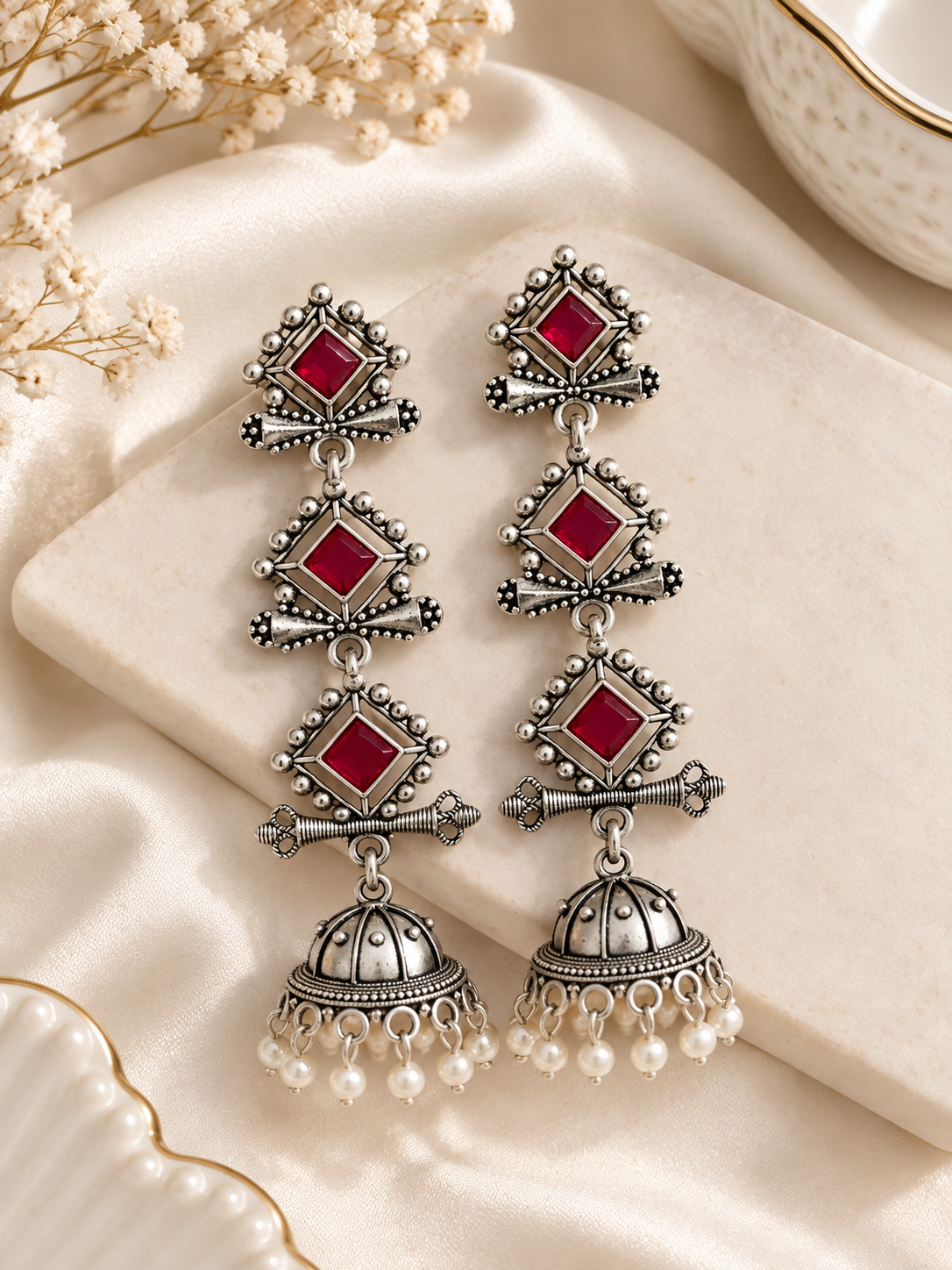 Aliya German Silver Jhumki (Pink)