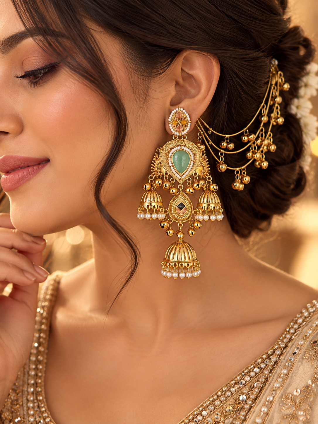 Rashmika Kashmiri Jhumkas With Detachable Earchain (Pastel Shade)