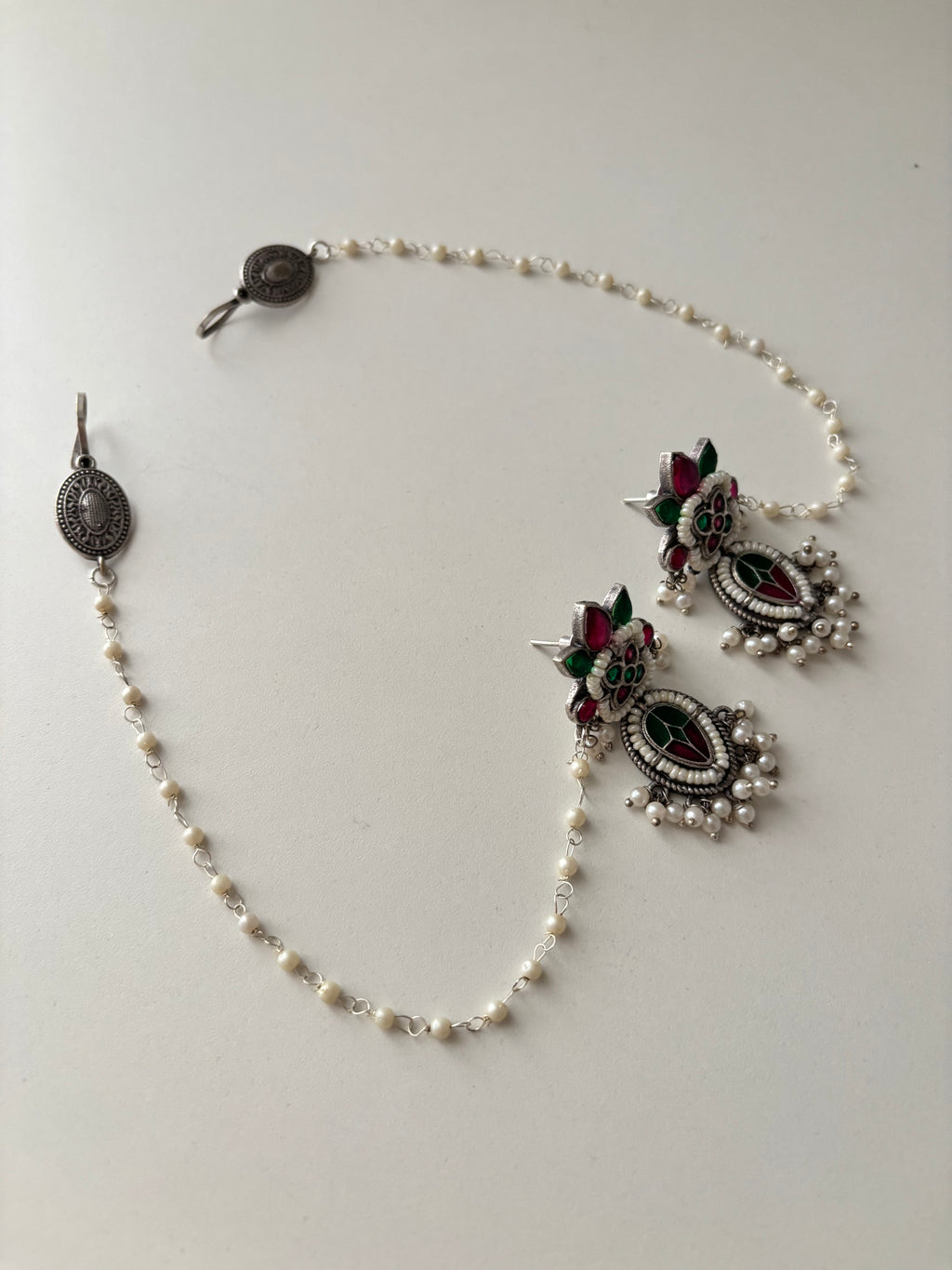 German Silver Earrings With Side Layer (Ruby/Emerald)