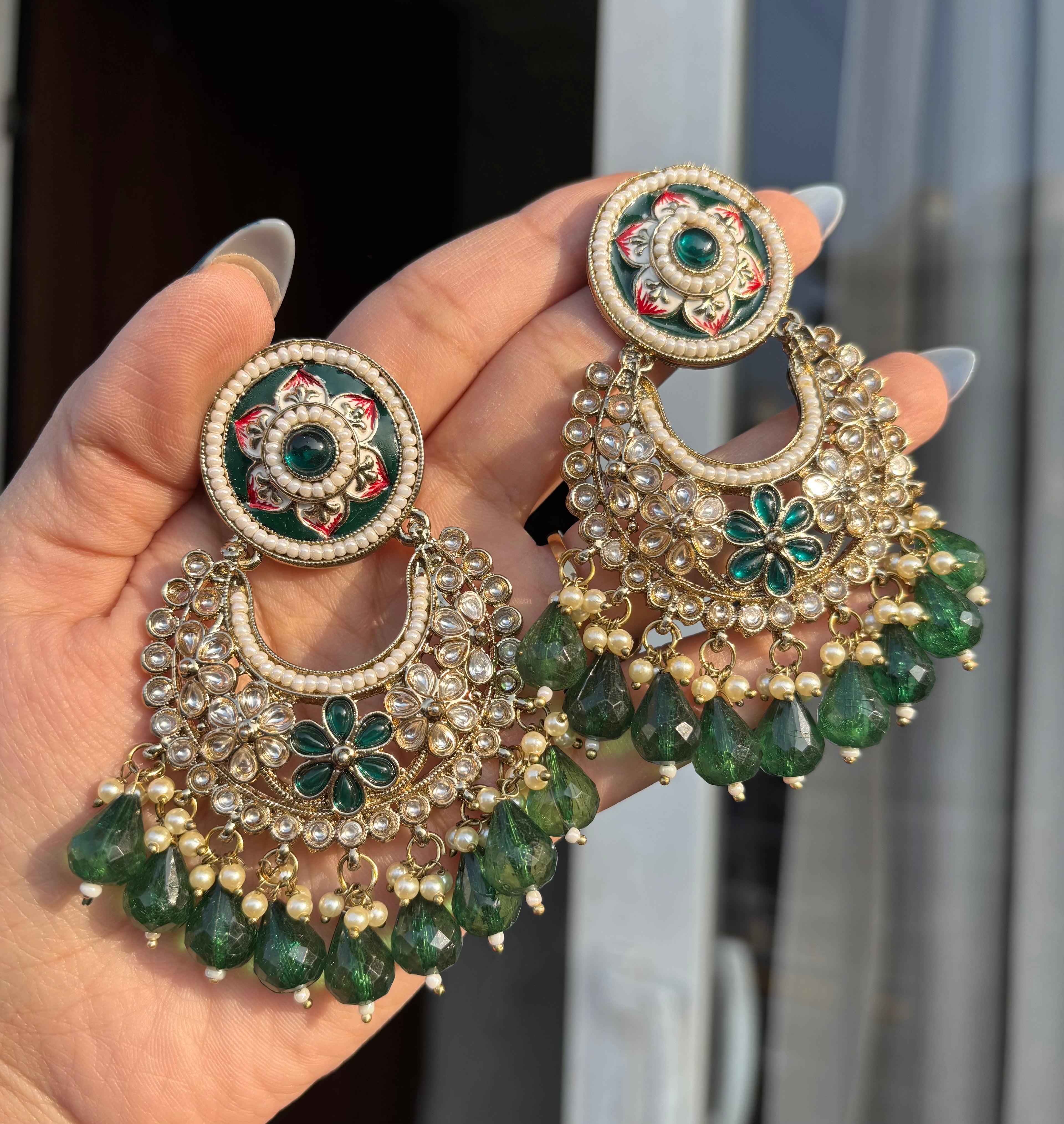 Green Chandbali With Meena & Kundan Touch