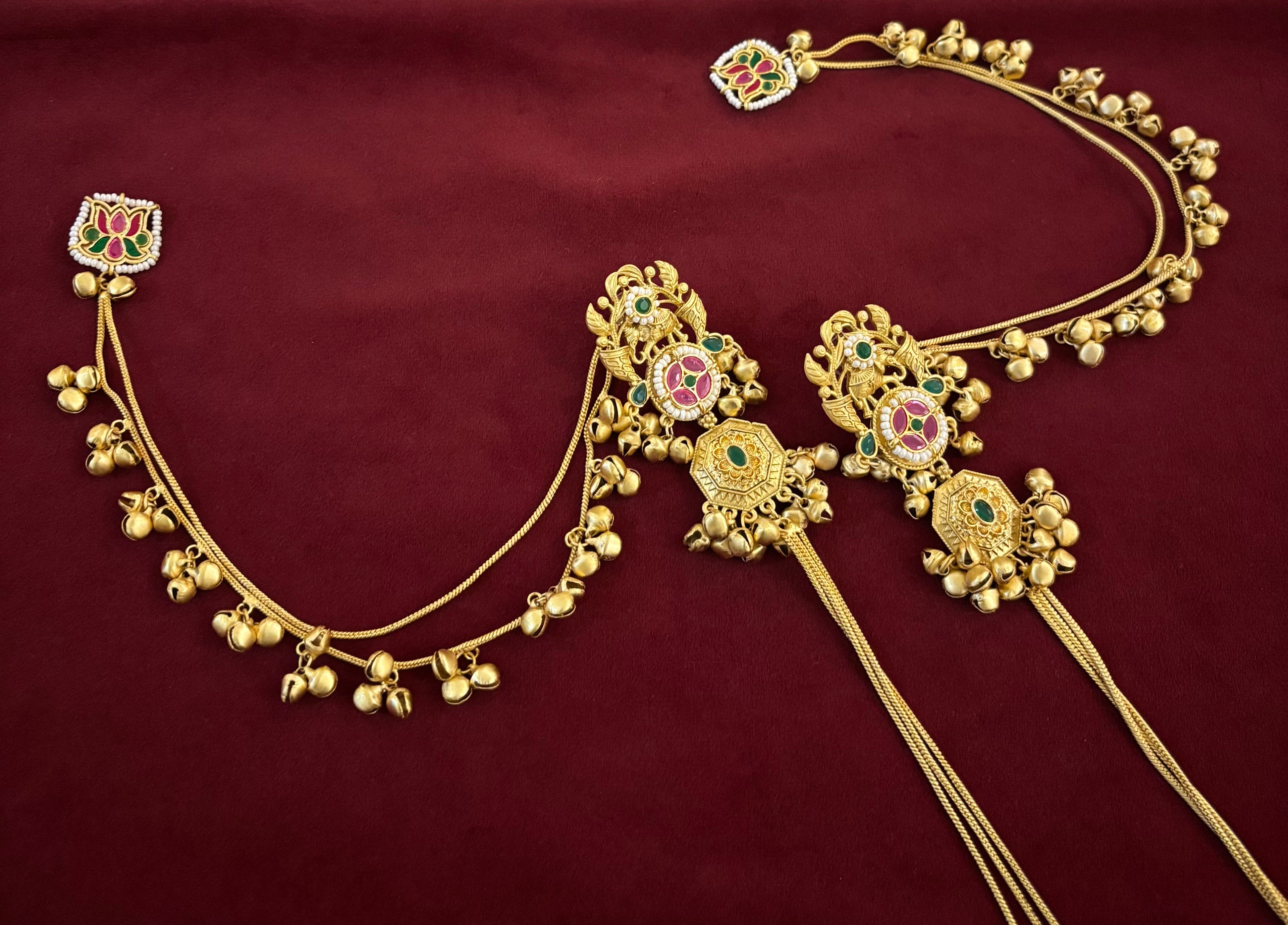 Laxmi Kashmiri Long Layer Earrings With Detachable Side Layer (Ruby & Green)
