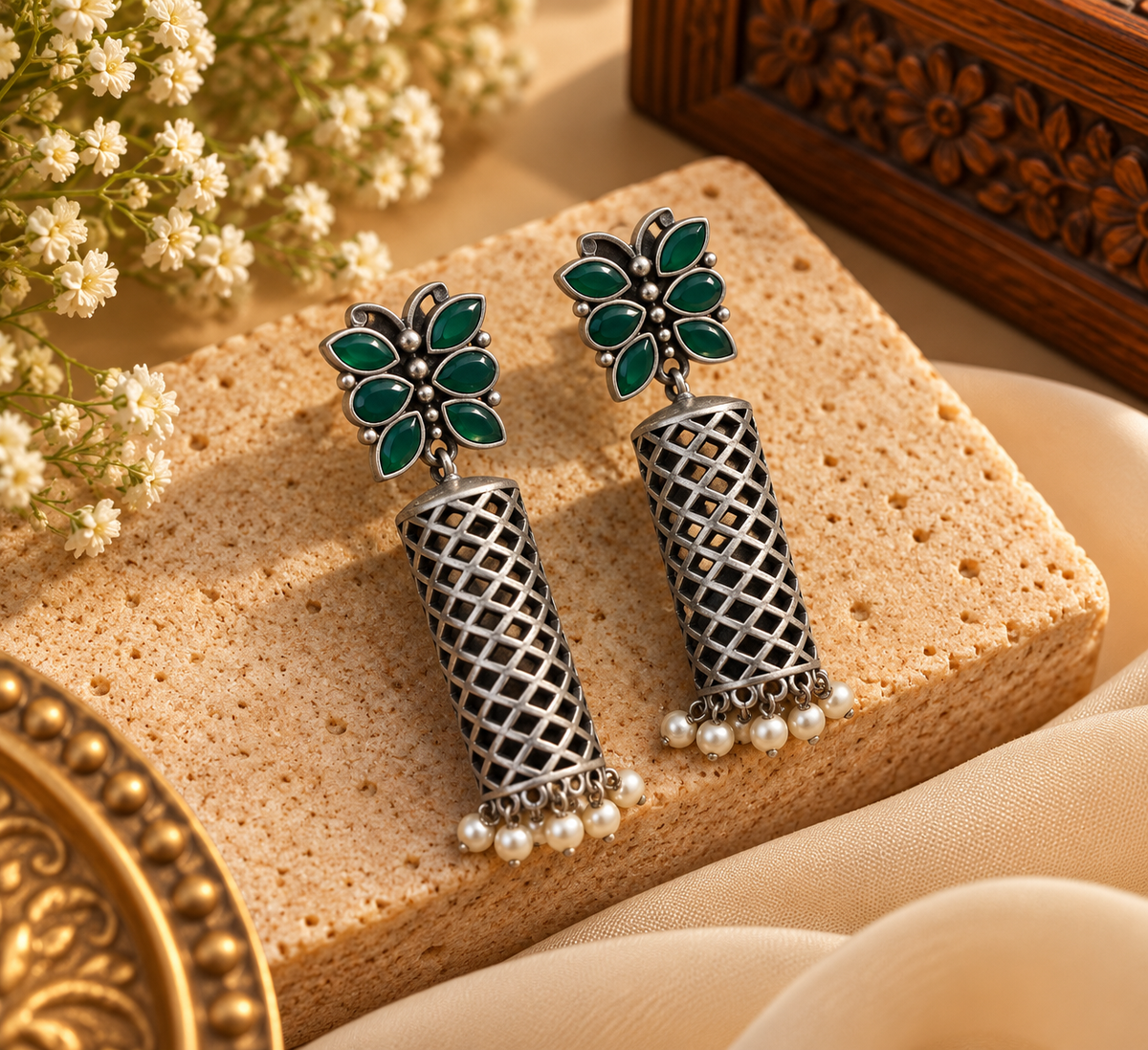 German Silver Butterfly Earrings (Green)