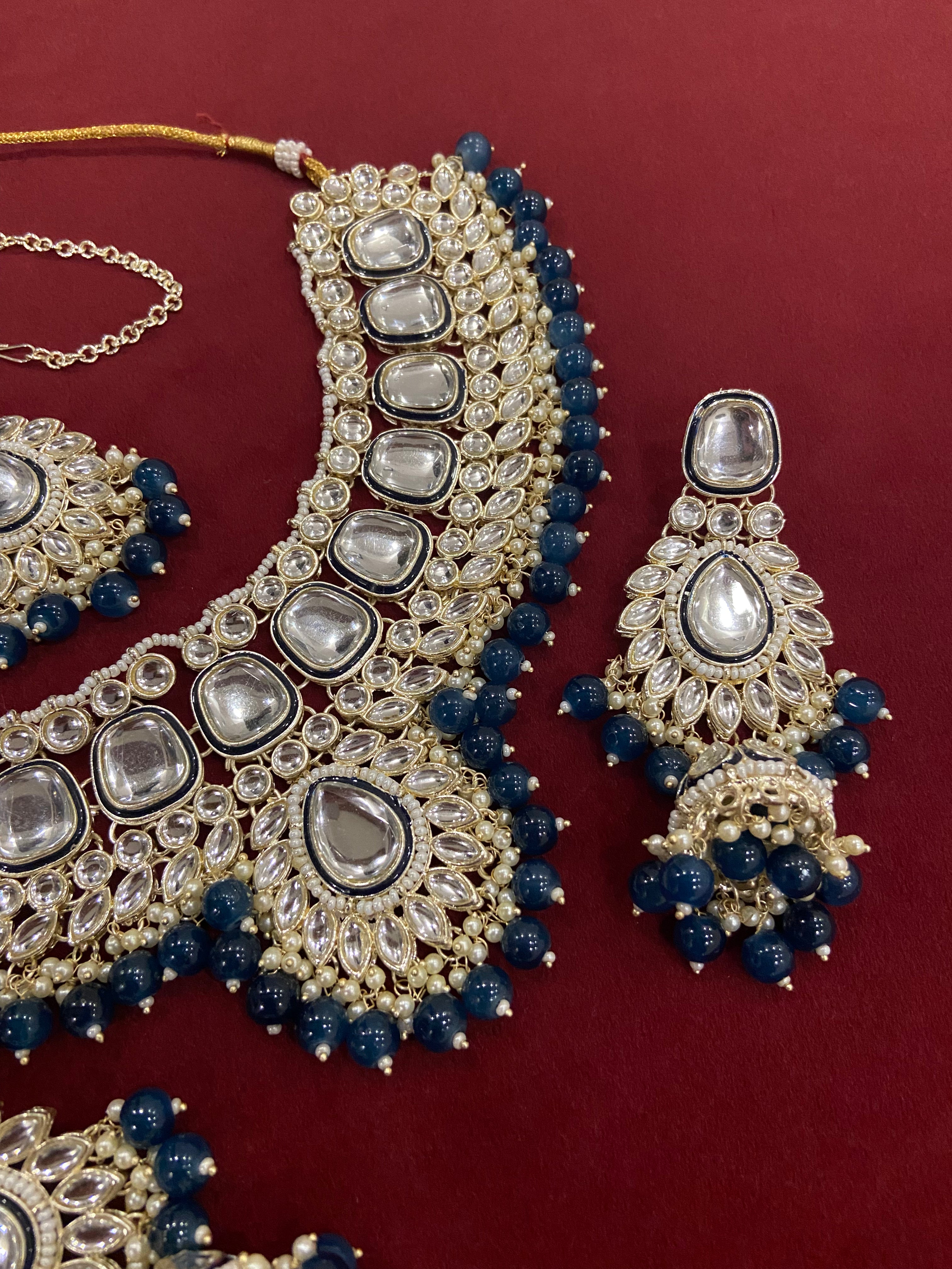Navy Blue Heavy Look Necklace With Long Earrings & Mang Tikka