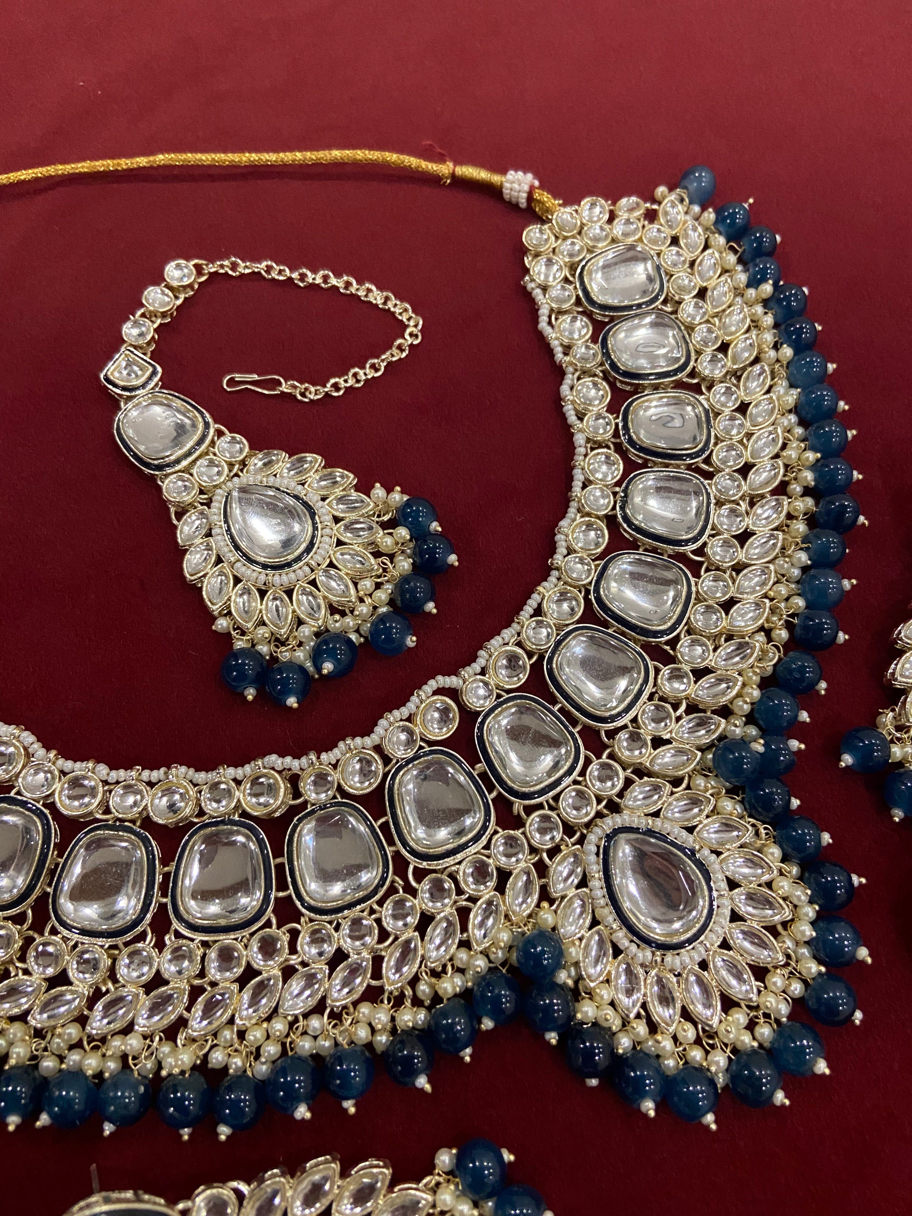 Navy Blue Heavy Look Necklace With Long Earrings & Mang Tikka