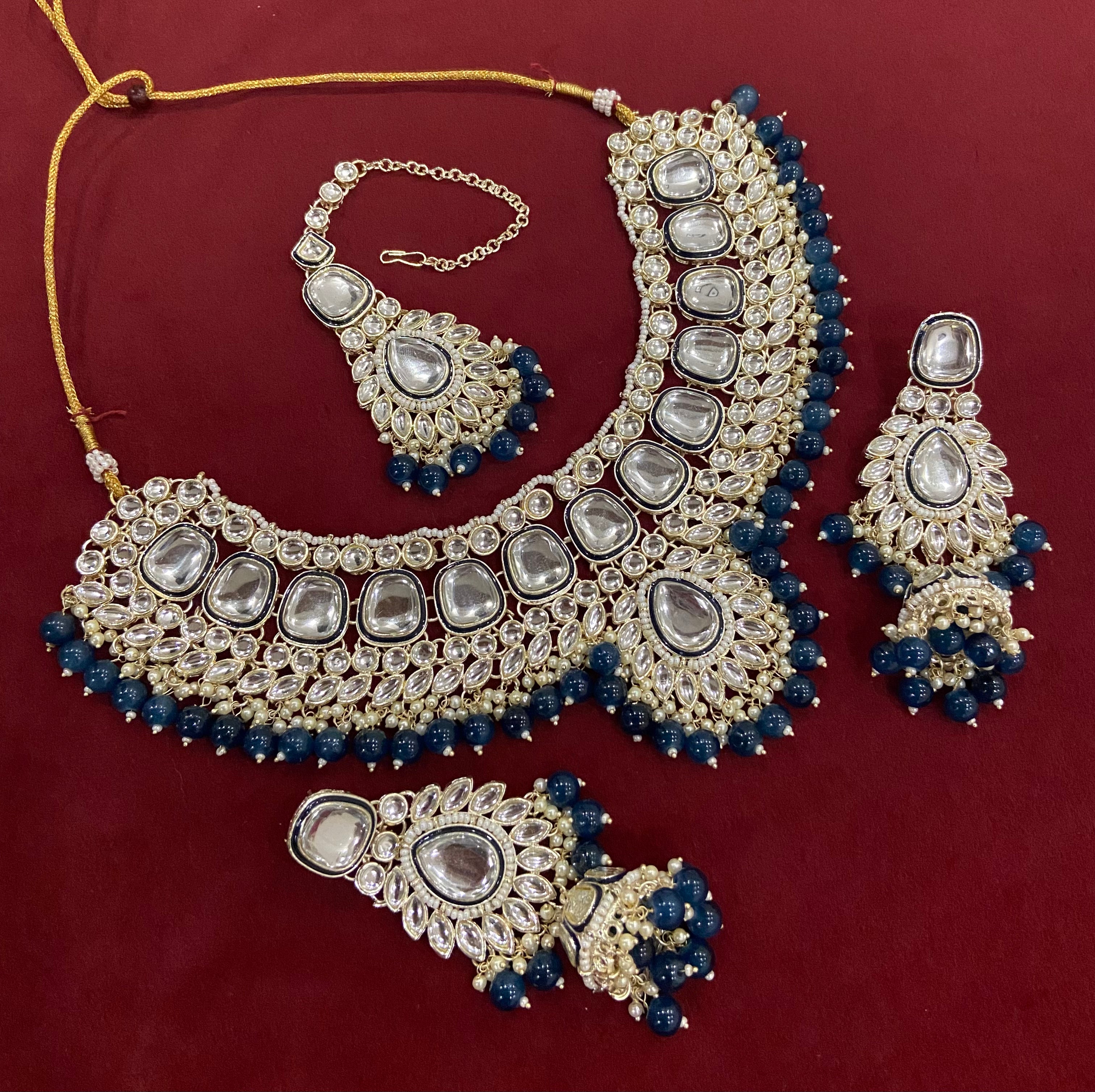 Navy Blue Heavy Look Necklace With Long Earrings & Mang Tikka