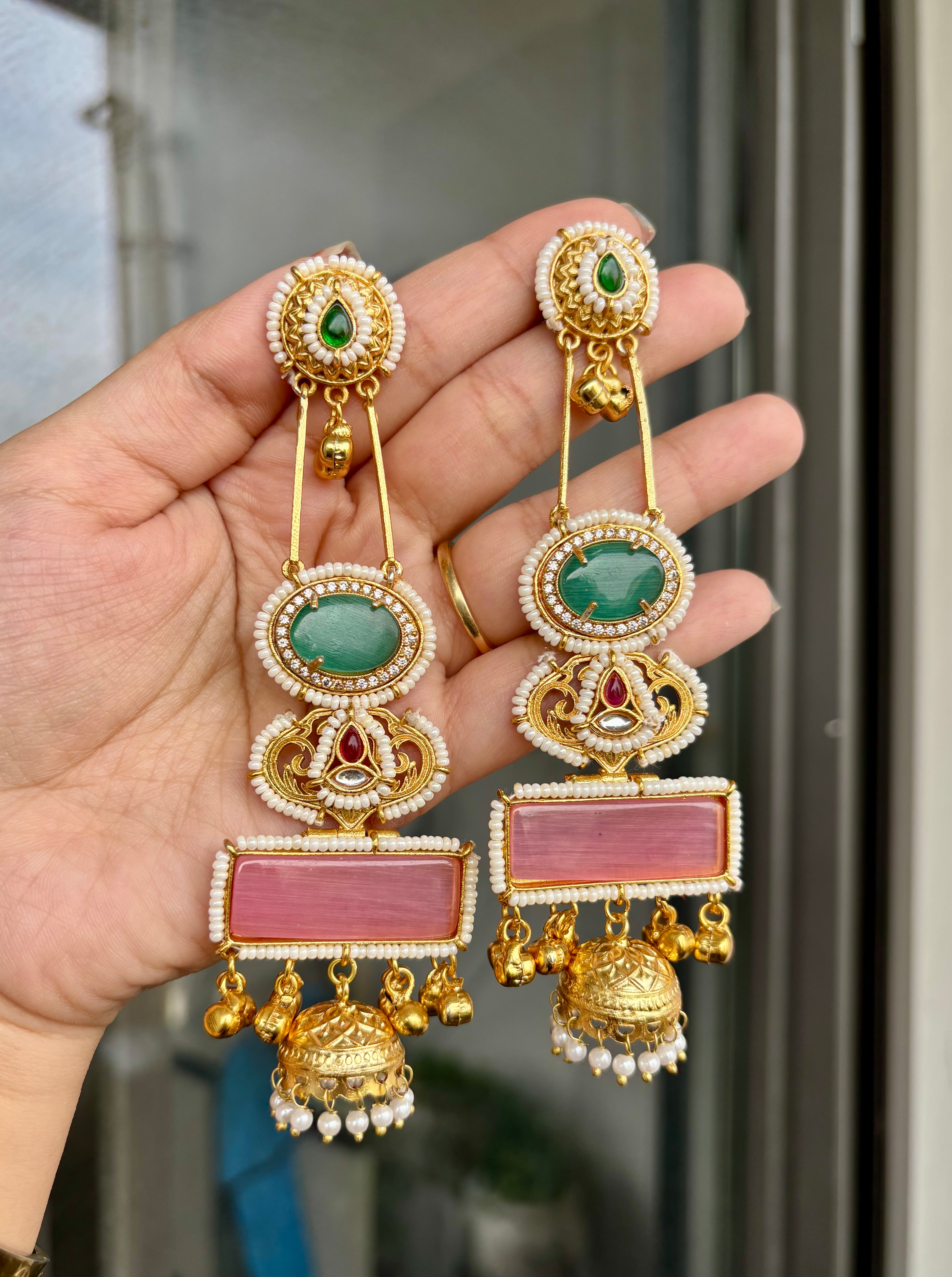 Pankhuri Designer Brass Earrings ( Pink & Turquoise Mix )