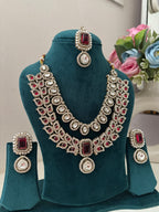 High Quality Designer Victorian Double Layer Necklace With Mang Tikka & Earrings (Ruby)