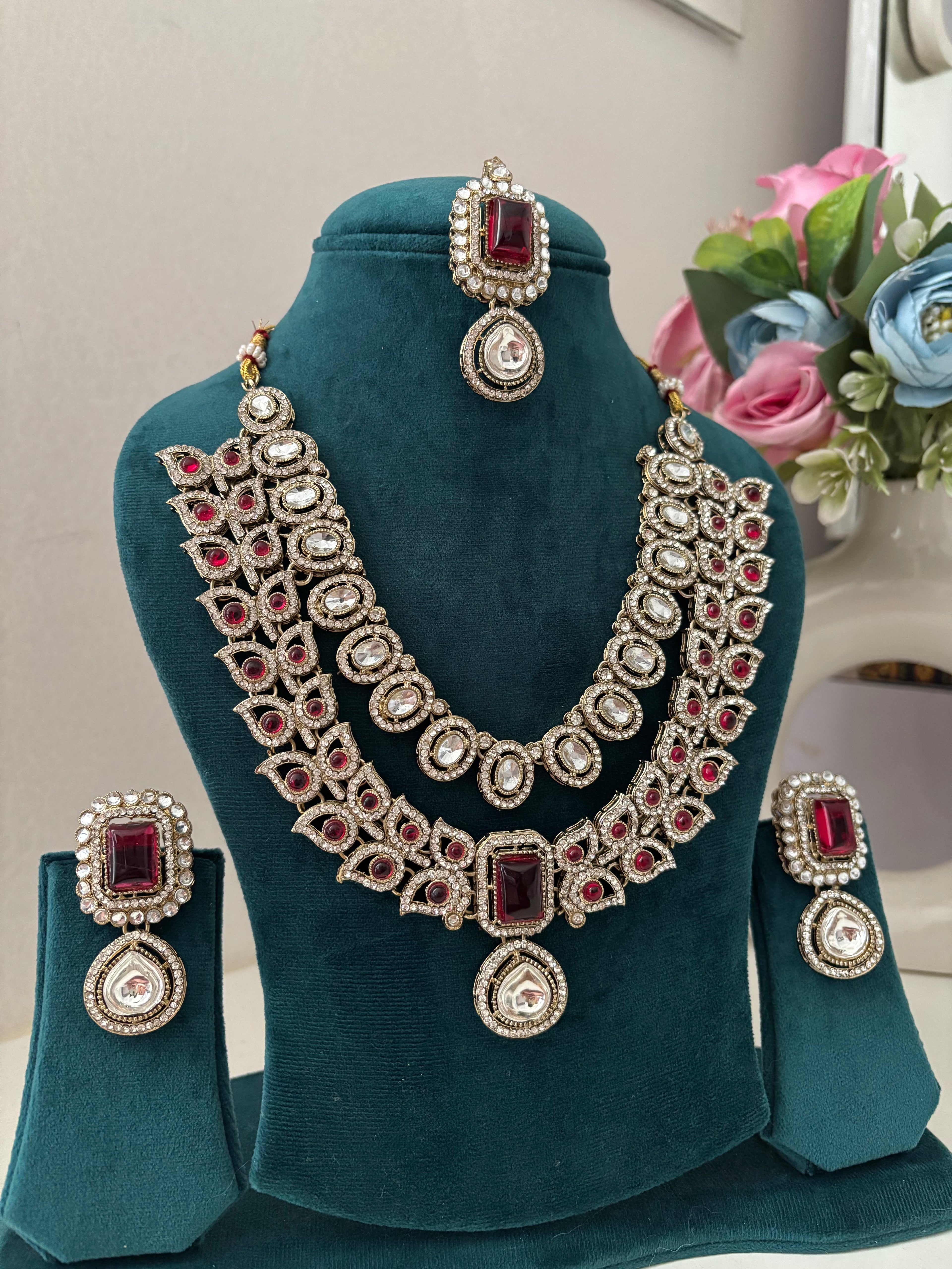 High Quality Designer Victorian Double Layer Necklace With Mang Tikka & Earrings (Ruby)
