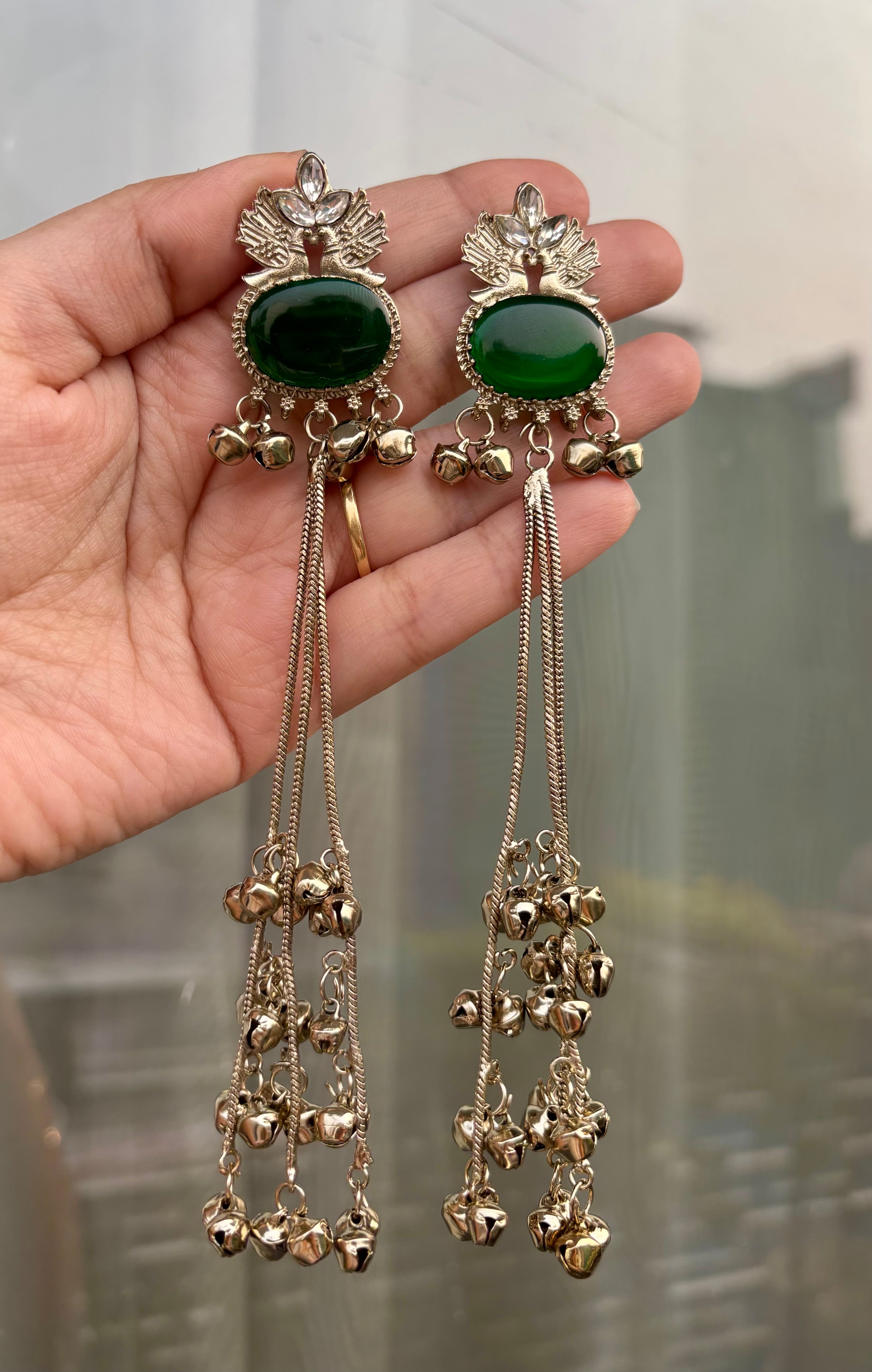 Dark Green Oval Kashmiri Earrings