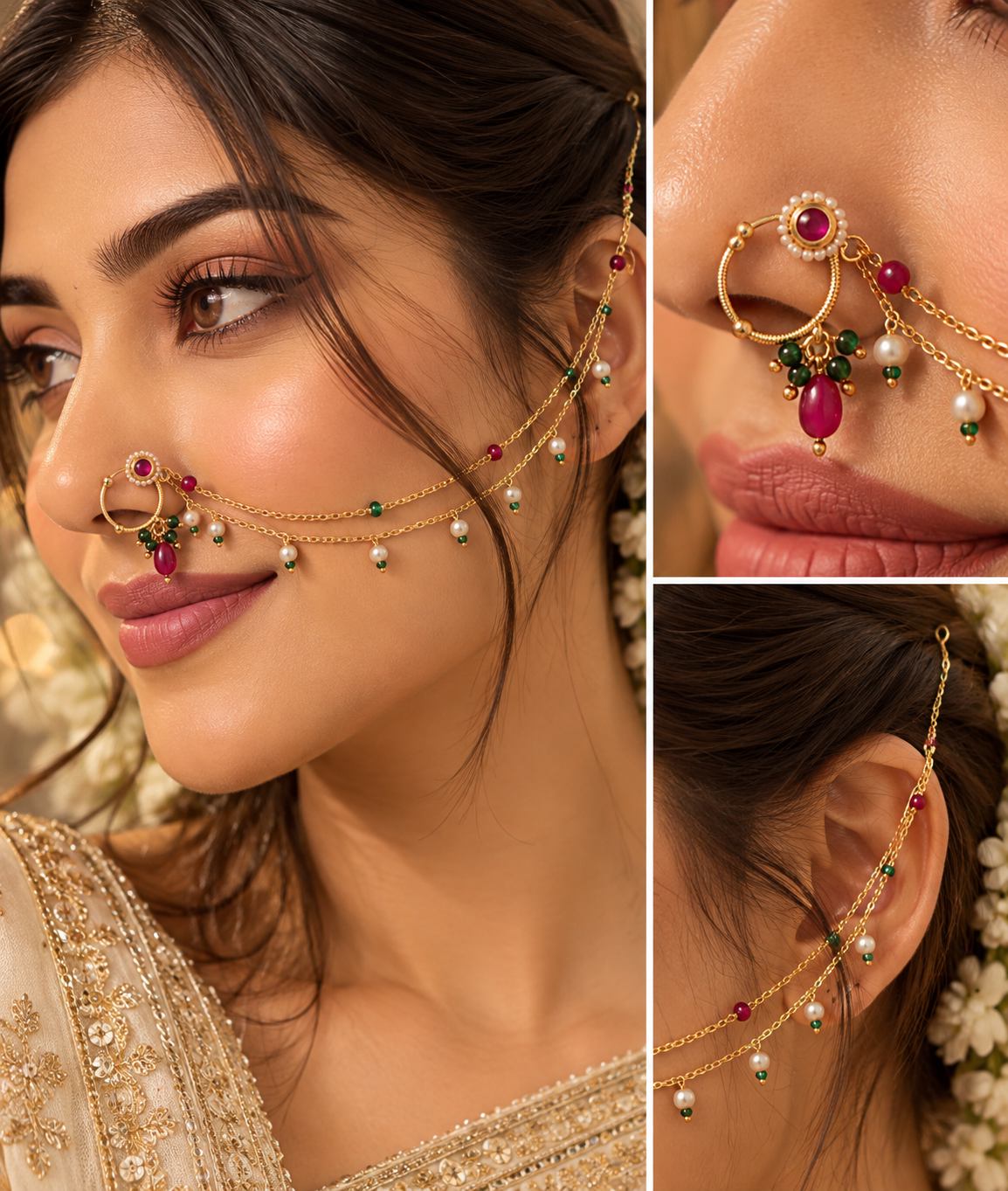 Radha Press On Nose Pin With Side Layer (Maroon/Green)