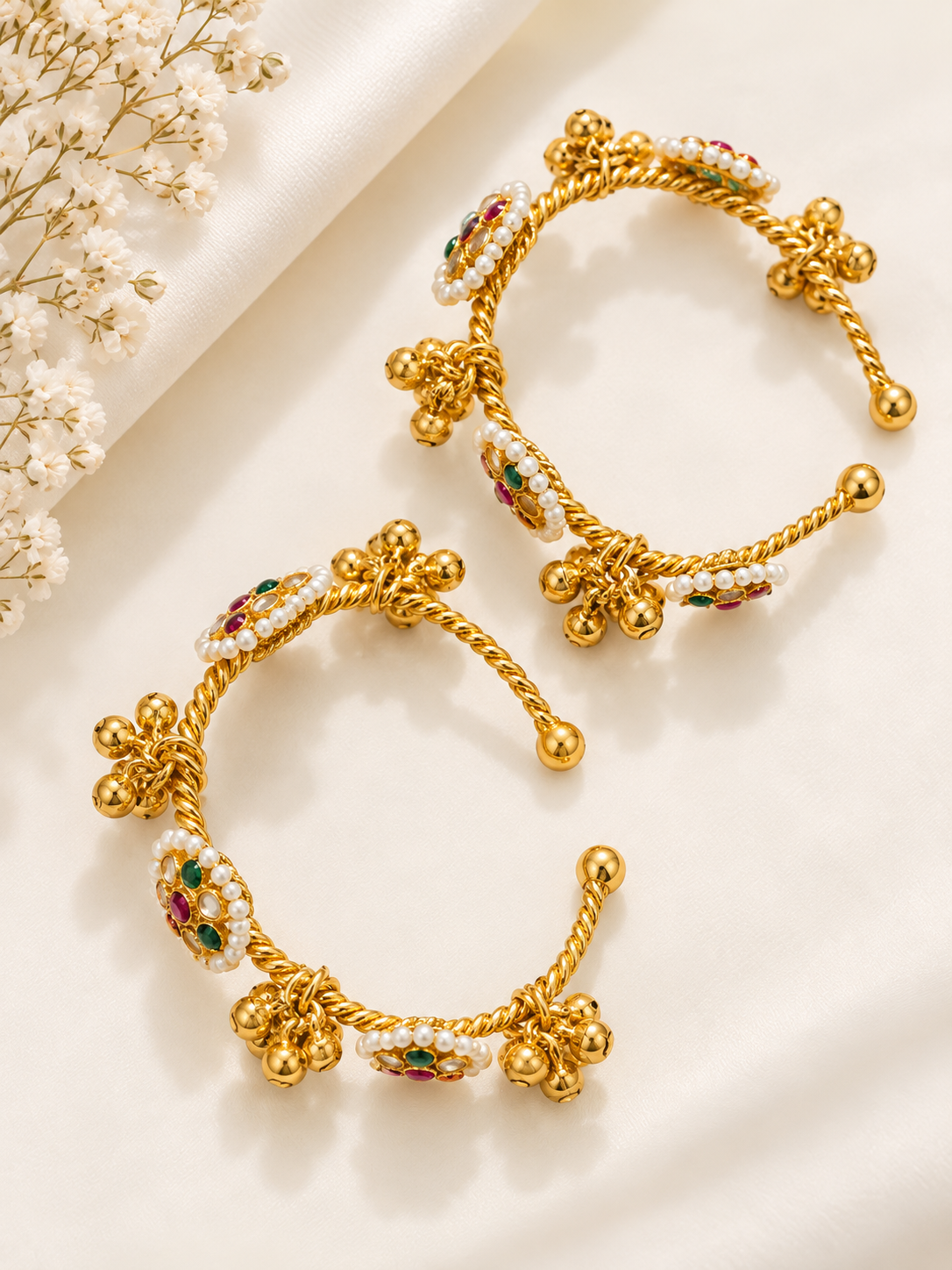 3 Flower Brass Kashmiri Ghungroo Adjustable Bangles (Multi)