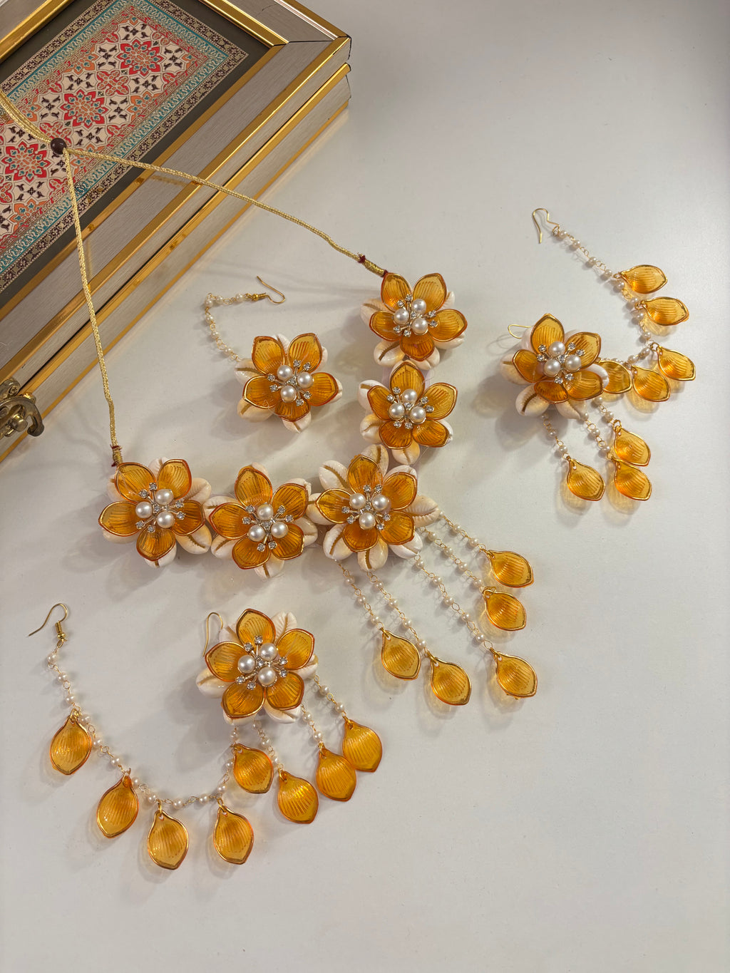 Rose Petal & Mogra Touch Necklace With Mang Tikka & Earrings With Side Layers (Yellow)