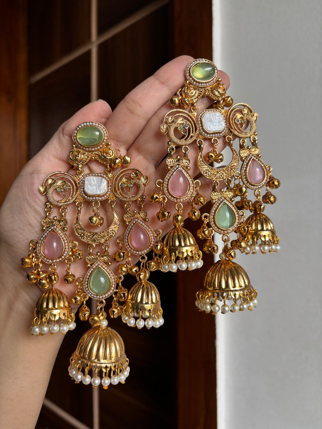 Vamika Long Kashmiri Earrings With Detachable Earchain (Pastel Shade)