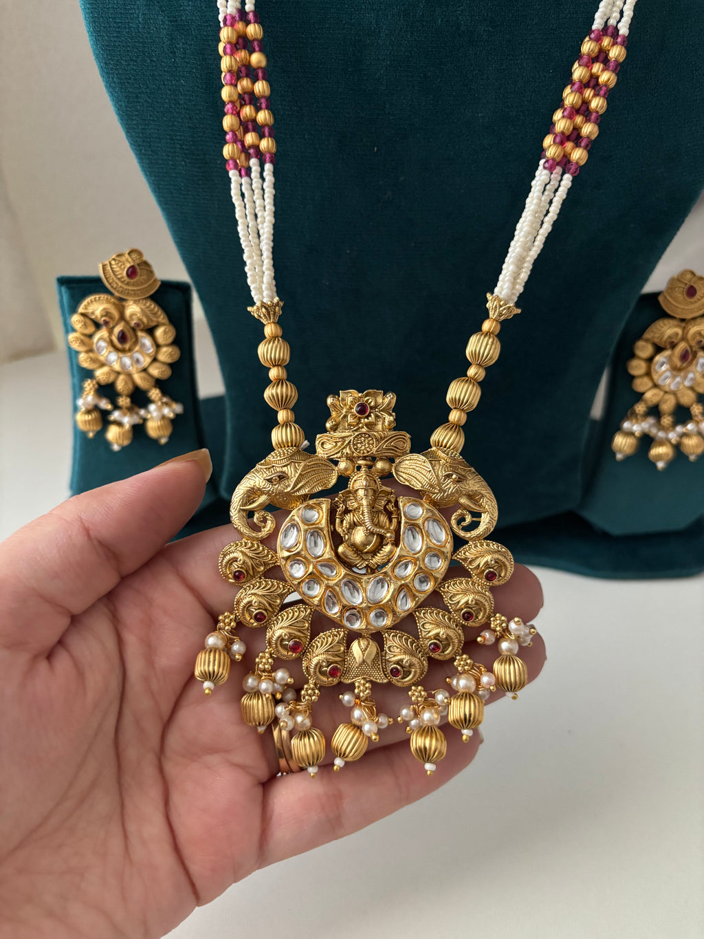 Heritage Long Ganesha Haar With Earrings (Ruby)