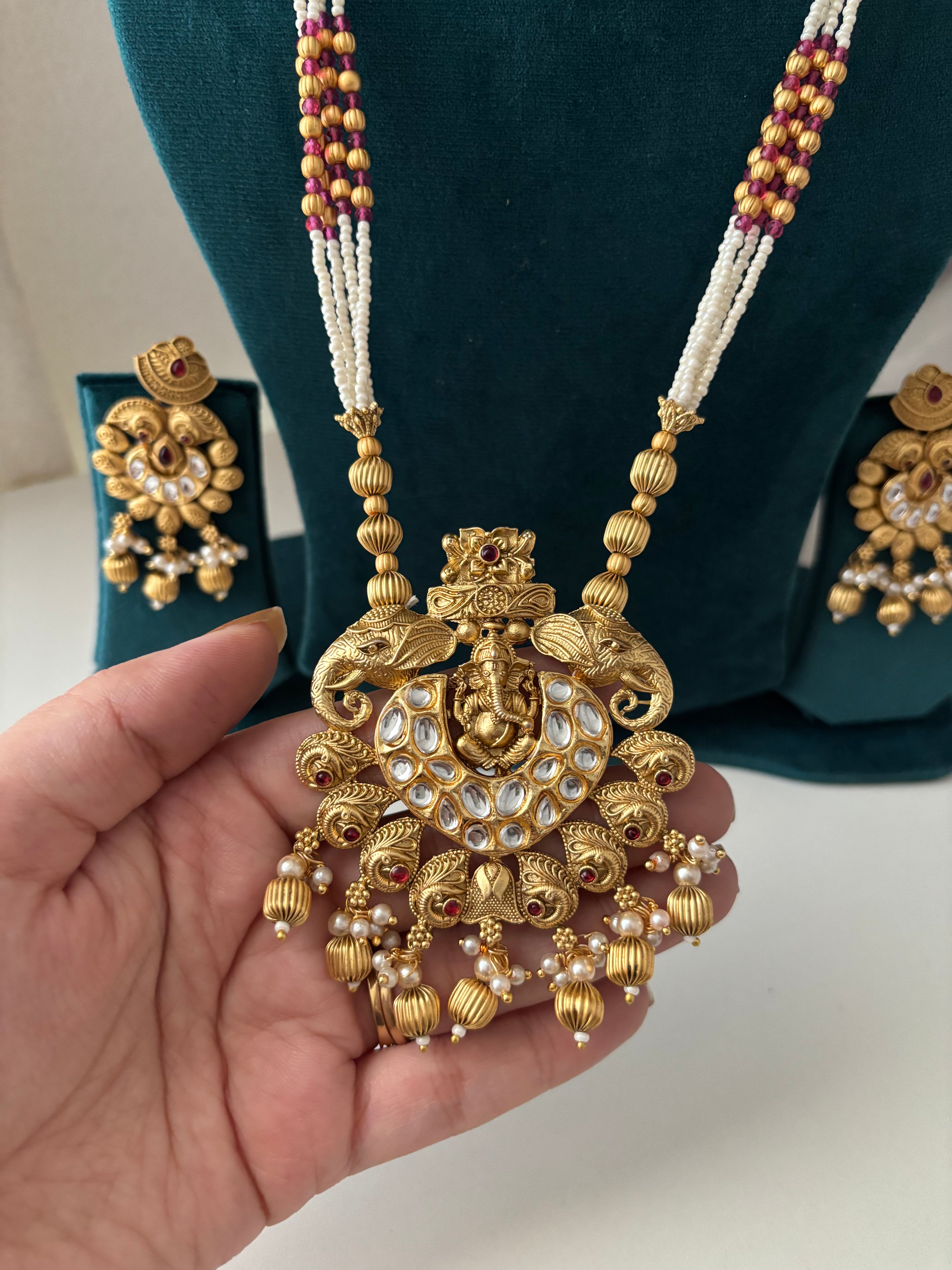 Heritage Long Ganesha Haar With Earrings (Ruby)